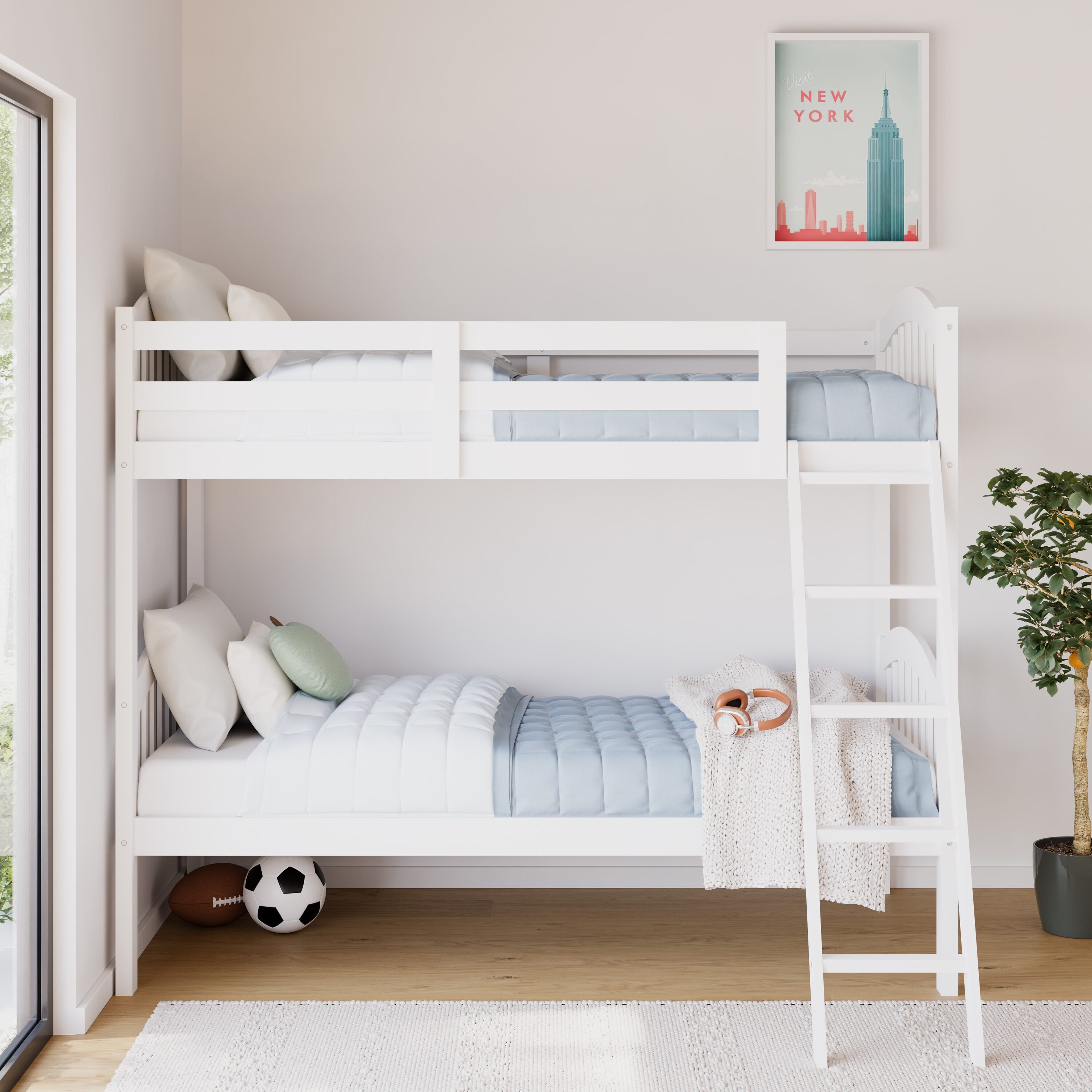 White Twin Mission Wood Bunk Bed with Headboard and Slats