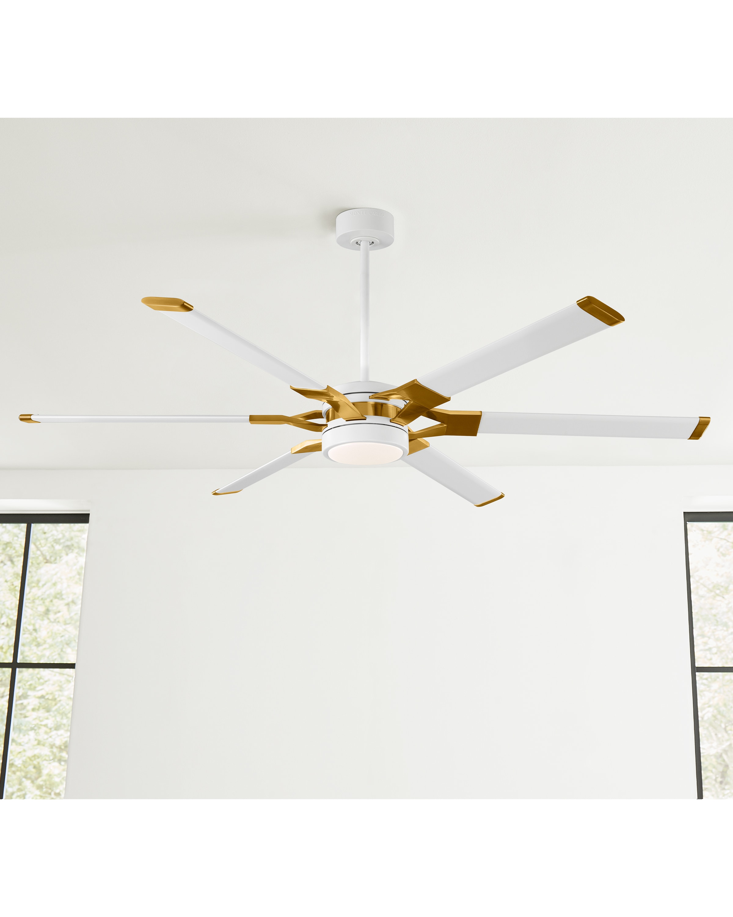 Generation Lighting 6LFR62RZWBBSD Loft 62-in Integrated LED Outdoor Matte White with Matte White/Burnished Brass Blades Ceiling Fan With Light - Remote Included ( 6 -Blade )