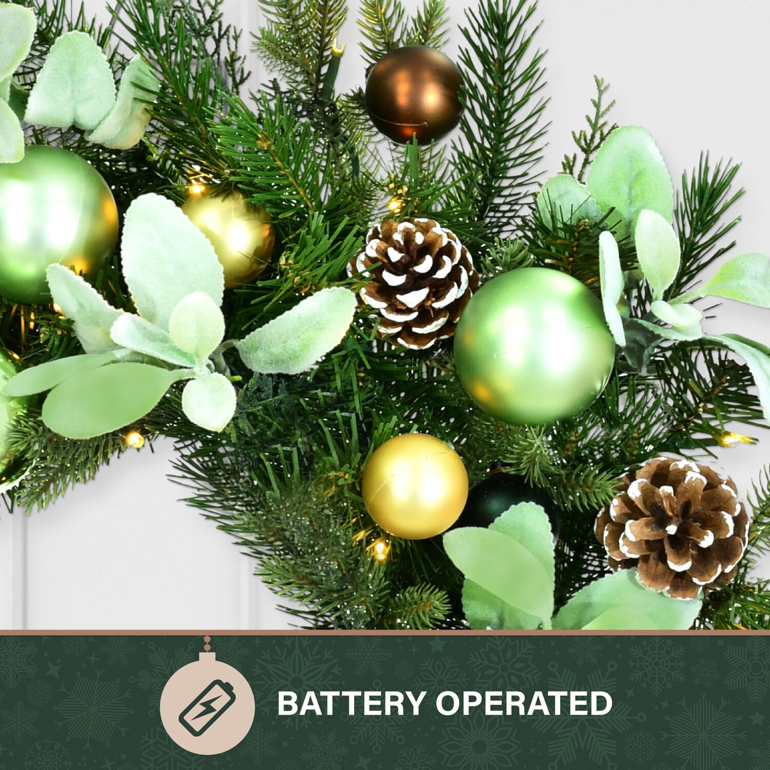 24-Inch Green and Brown Artificial Christmas Wreath with Pinecones and LED Lights