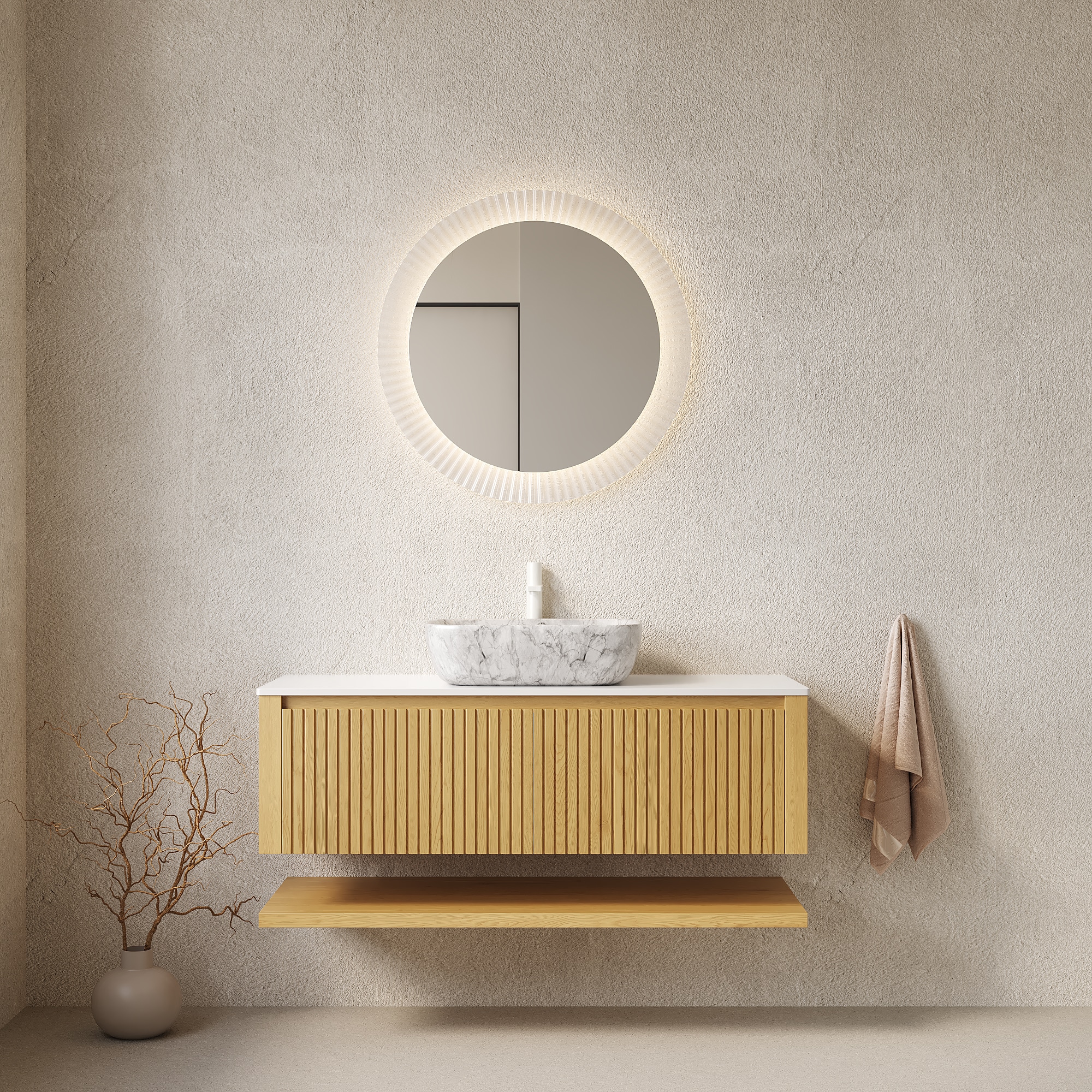 Tahanbath 48 Inch Floating Plywood Bathroom Vanity with Sink with Drawers and Open Shelf Marble Pattern Ceramic Basin and White Sintered Stone Top Pre assembled Corolla Oak Woodgrain Color