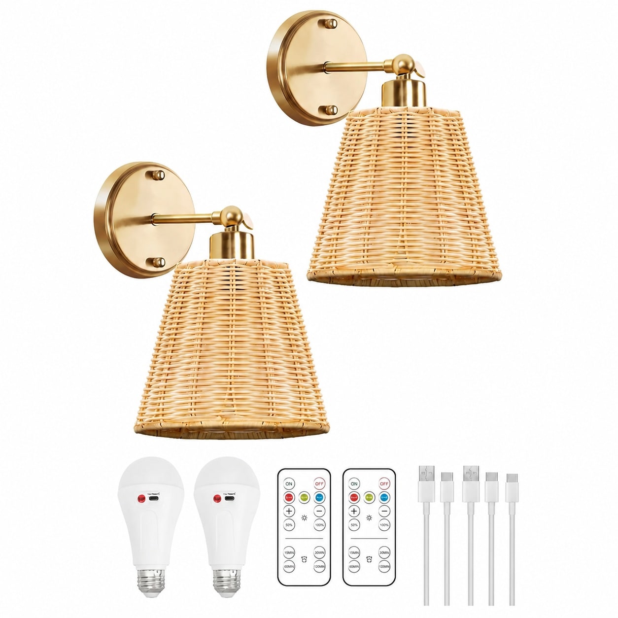 Aoibox  Rattan cord-free Wall Sconce Set with Remote 3 Color Temperatures Dimmable Boho Wall Lights 2 Pack Frideko
