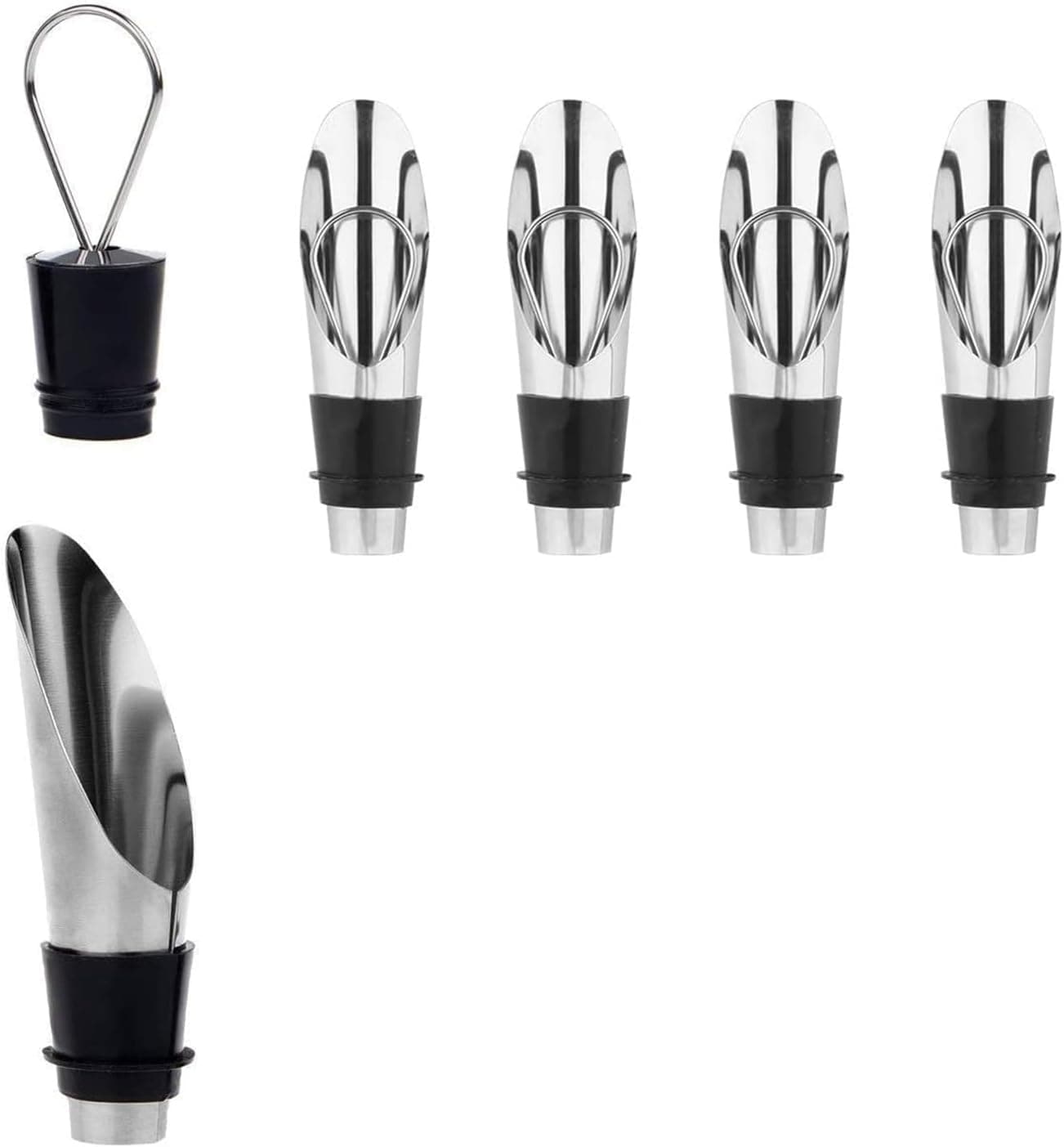 Aoibox  5 Piece 2 in 1 Stainless Steel Wine Aerator and Pourer Set with Silicone Stoppers No Drip in Silver