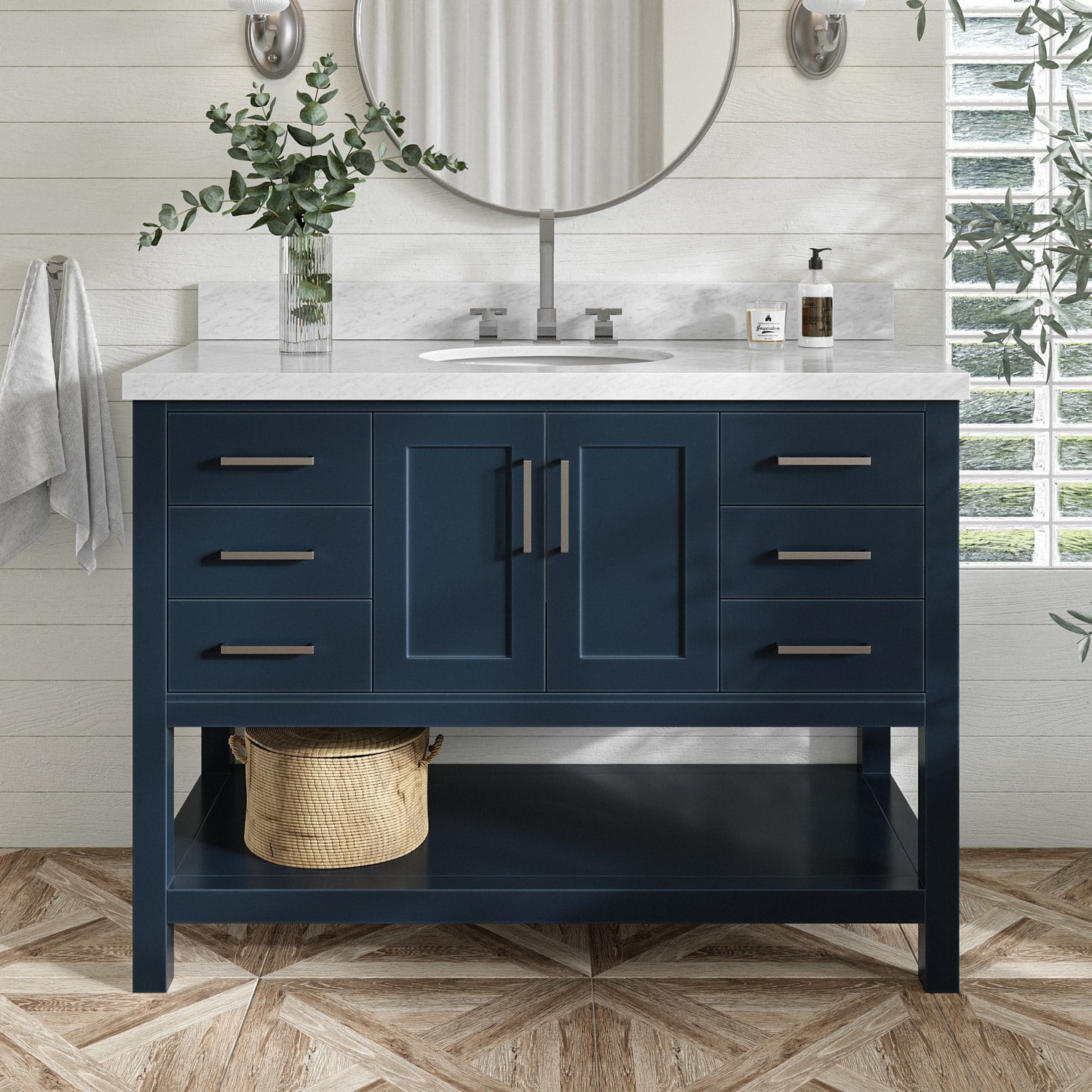 Midnight Blue Solid Wood Bath Vanity with White Marble Top