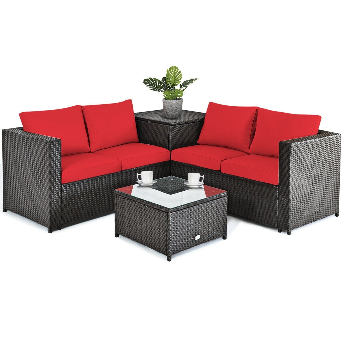 Forclover HYFC-0643NY Patio Conversation Sets 4 -Piece Rattan Patio Conversation Set with Red Cushions