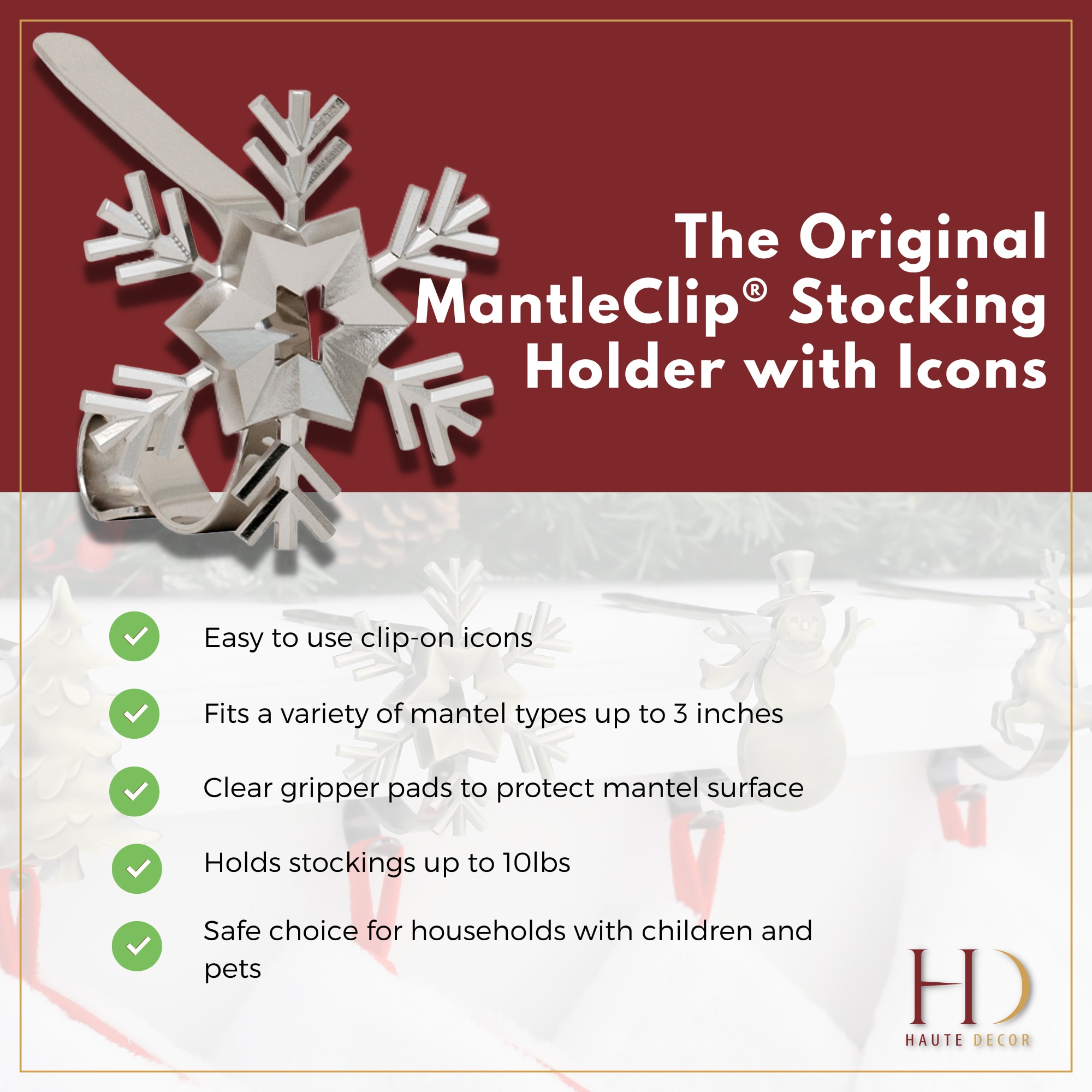 Matte Black Metal MantleClip Stocking Holders with Holiday Icons, 4-Pack