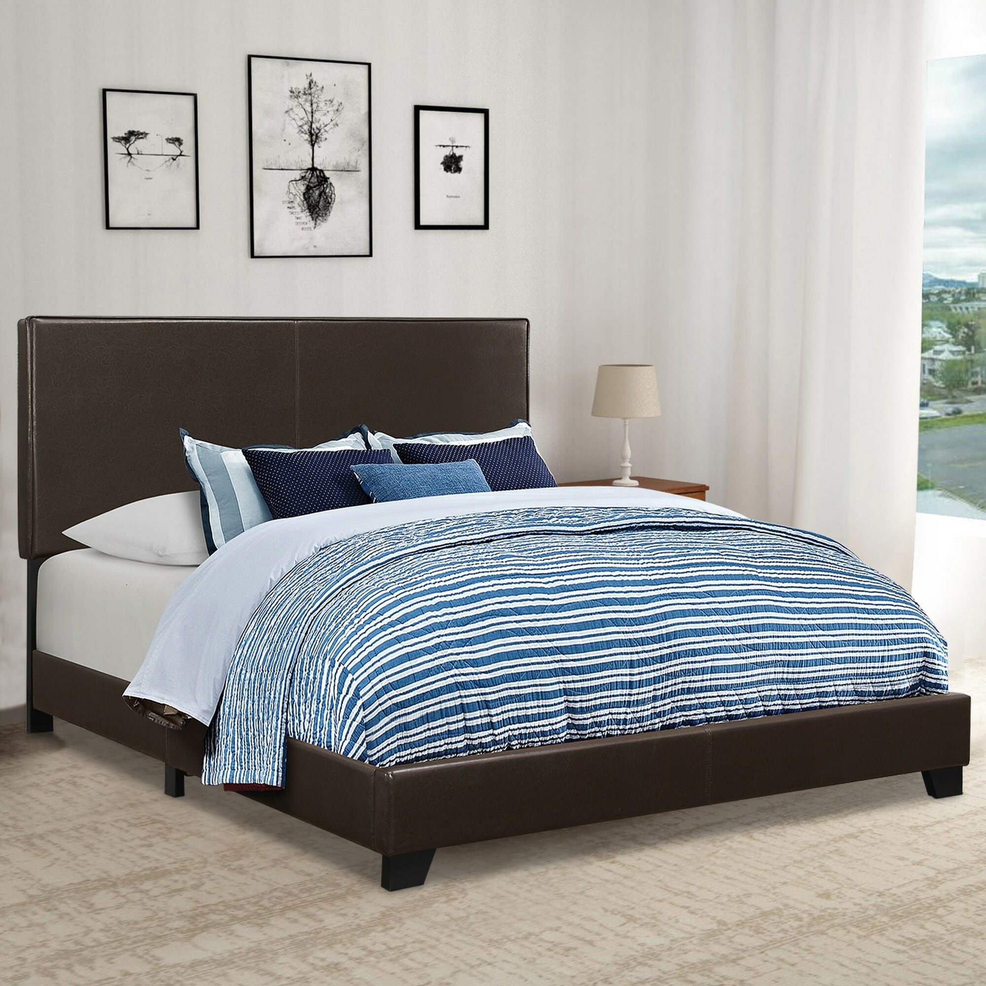 Contemporary Brown Leather-Clad Queen Platform Bed with Wooden Frame
