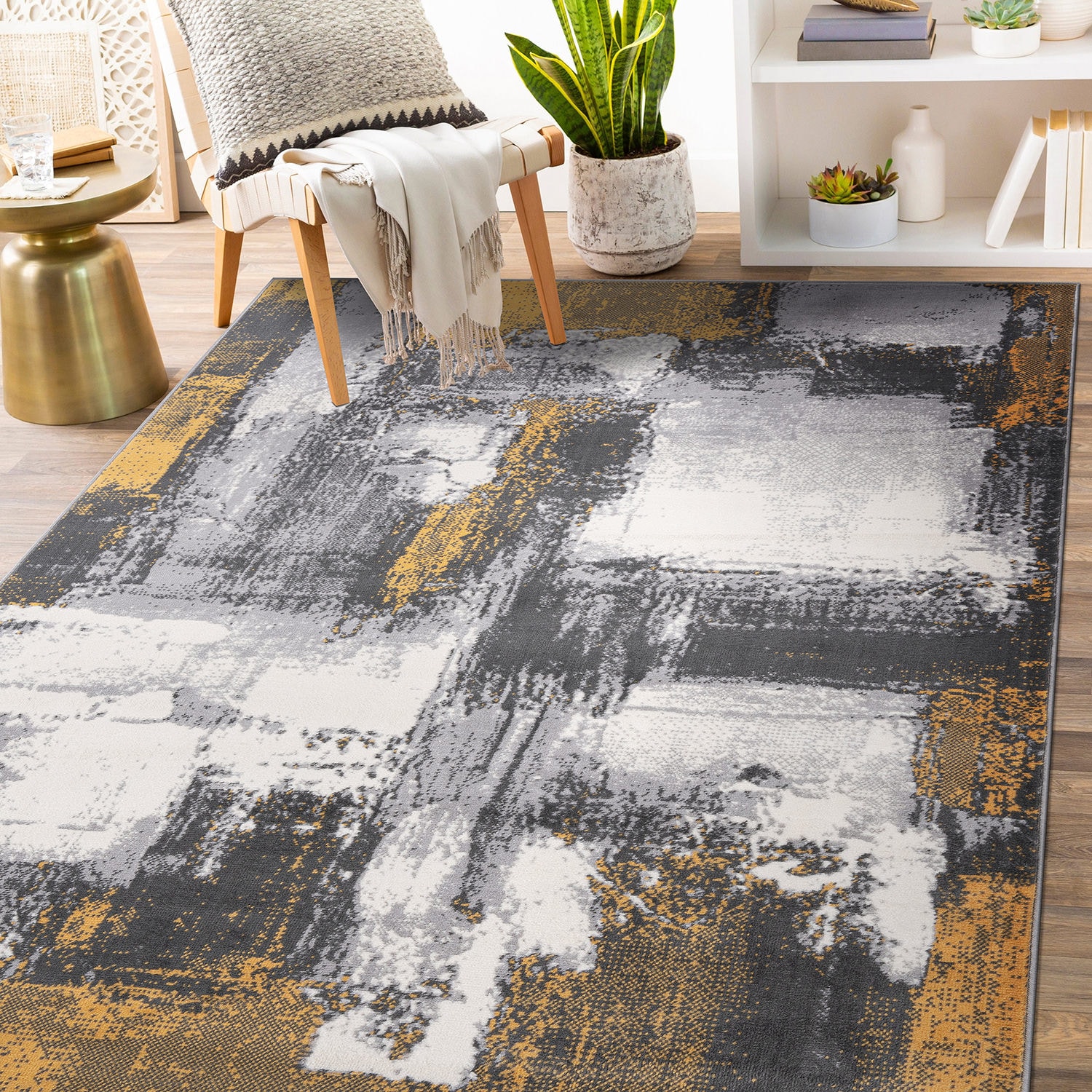 World Rug Gallery 2096YELLOW8X10 8 x 10 (ft) Loomed Polypropylene Yellow Rectangular Indoor Distressed/Overdyed Area rug