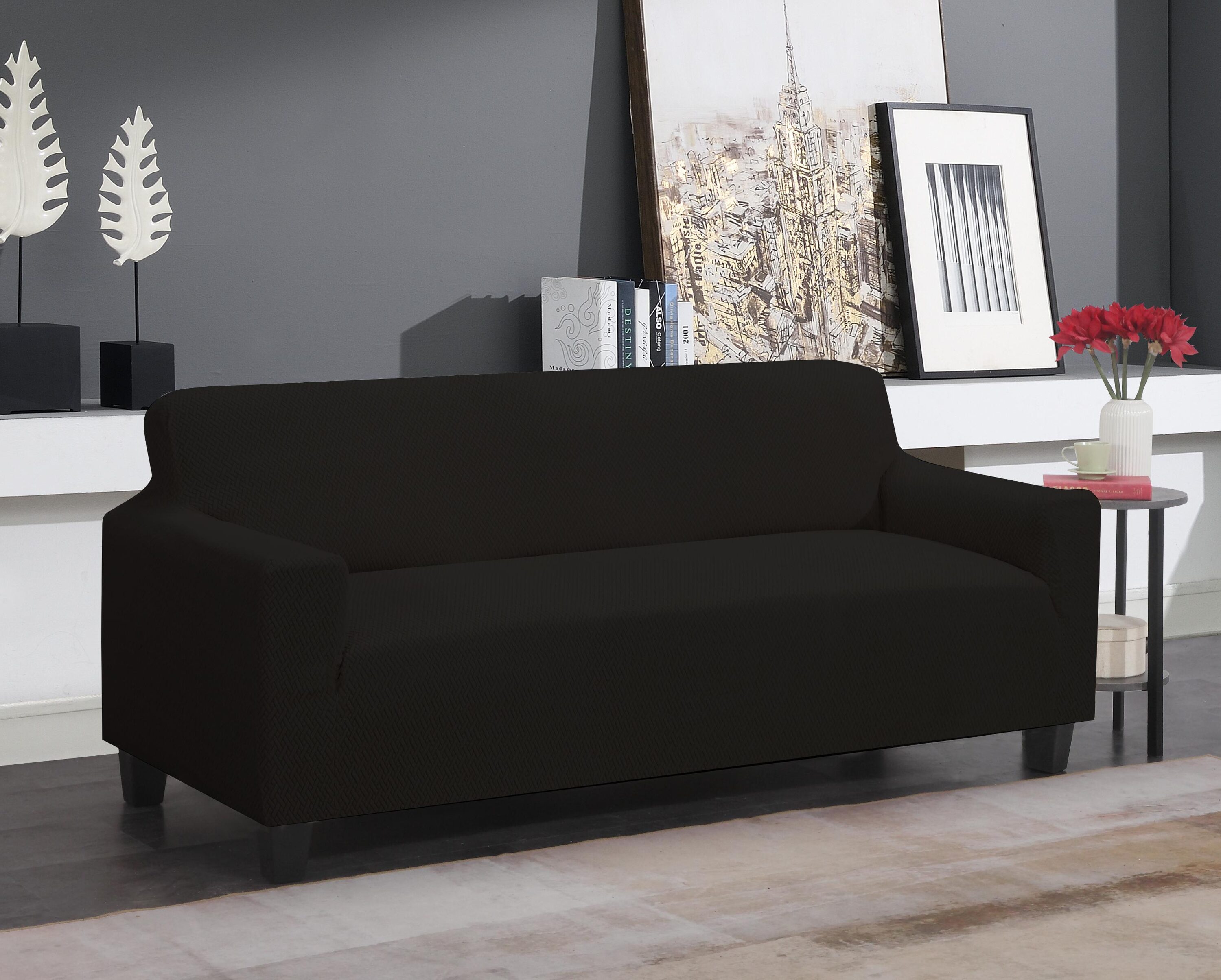 J&V TEXTILES STRETCH-SOFA BLACK Black Microsuede Sofa Slipcover 124-in W x 40-in H x 76-in D