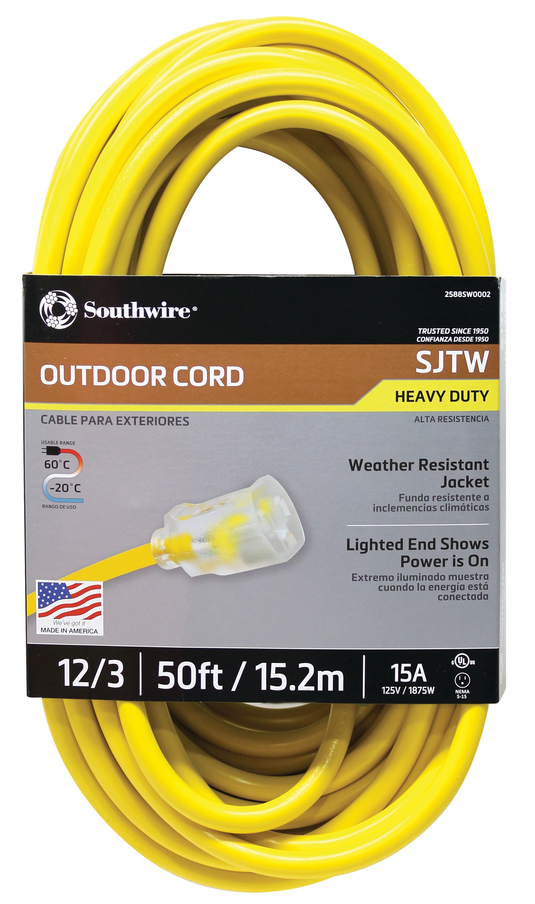 Southwire 50-ft 12 3-Prong Outdoor Sjtw Heavy Duty Lighted Extension Cord  in the Extension Cords department at