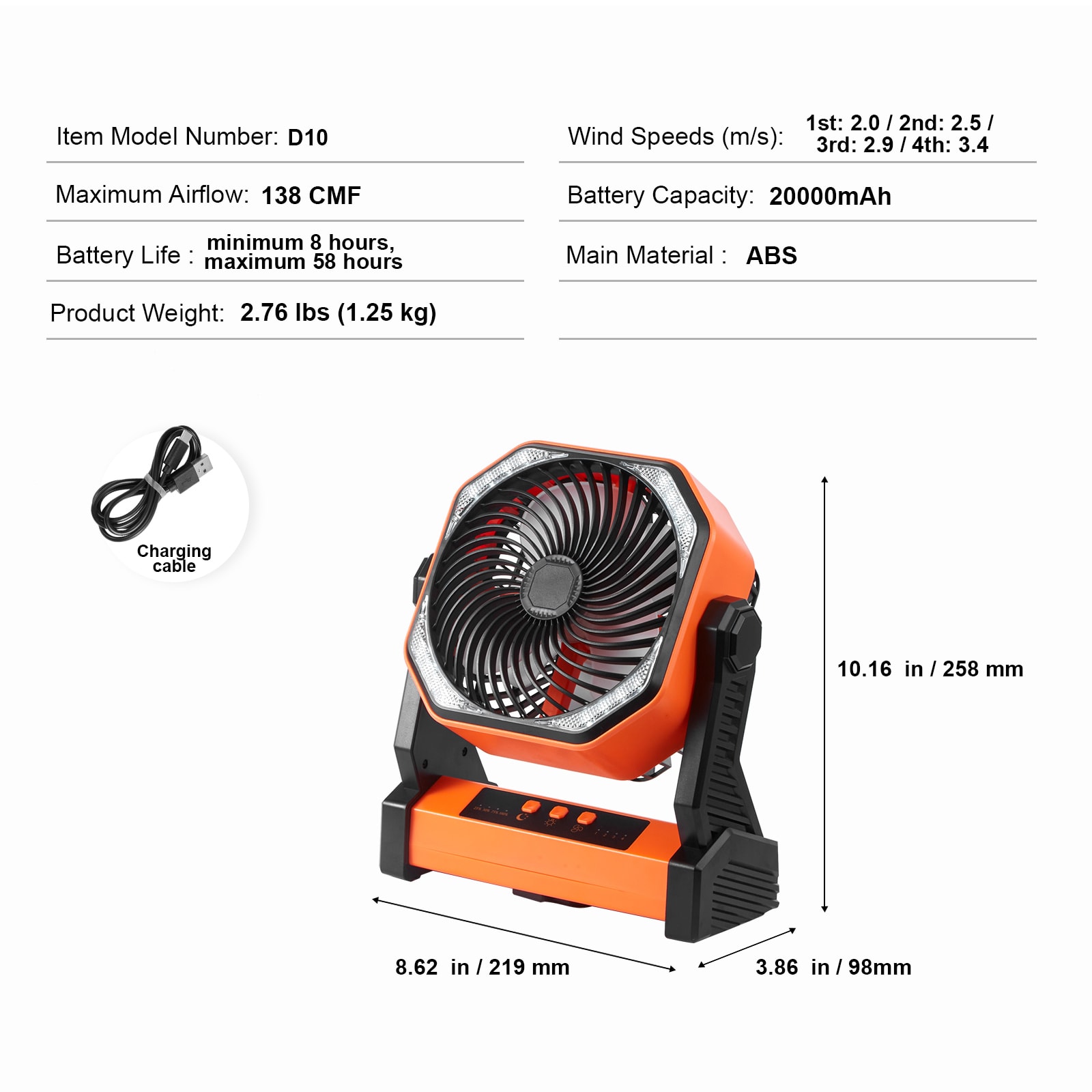 VEVOR 8-Inch Orange Rechargeable Desk Fan with LED Lantern