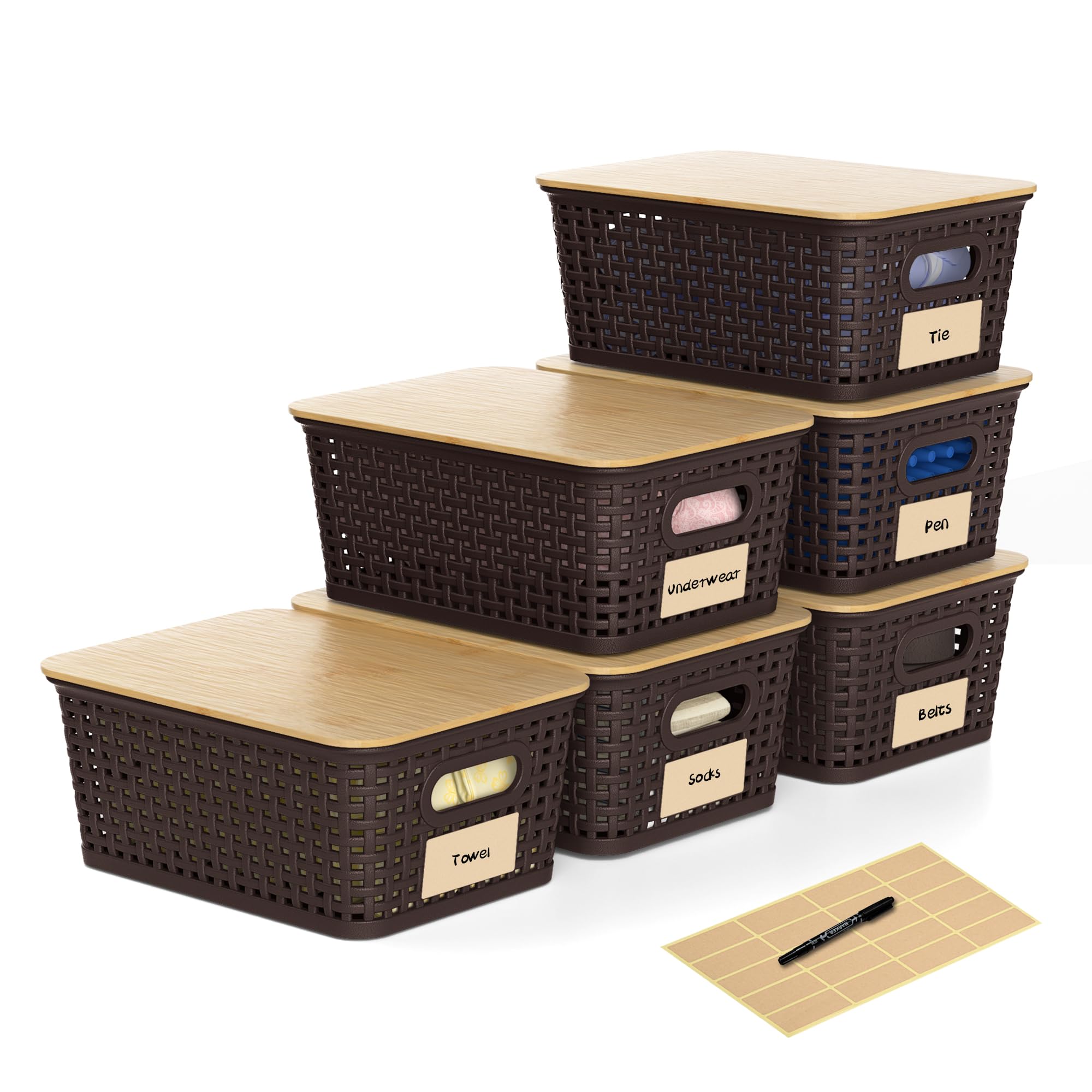 WZKZLH Brown Bamboo Lids Set of 6 Stackable Durable Plastic Storage Baskets With Labels Ventilated BPA Free Organizing Bins For Home Office