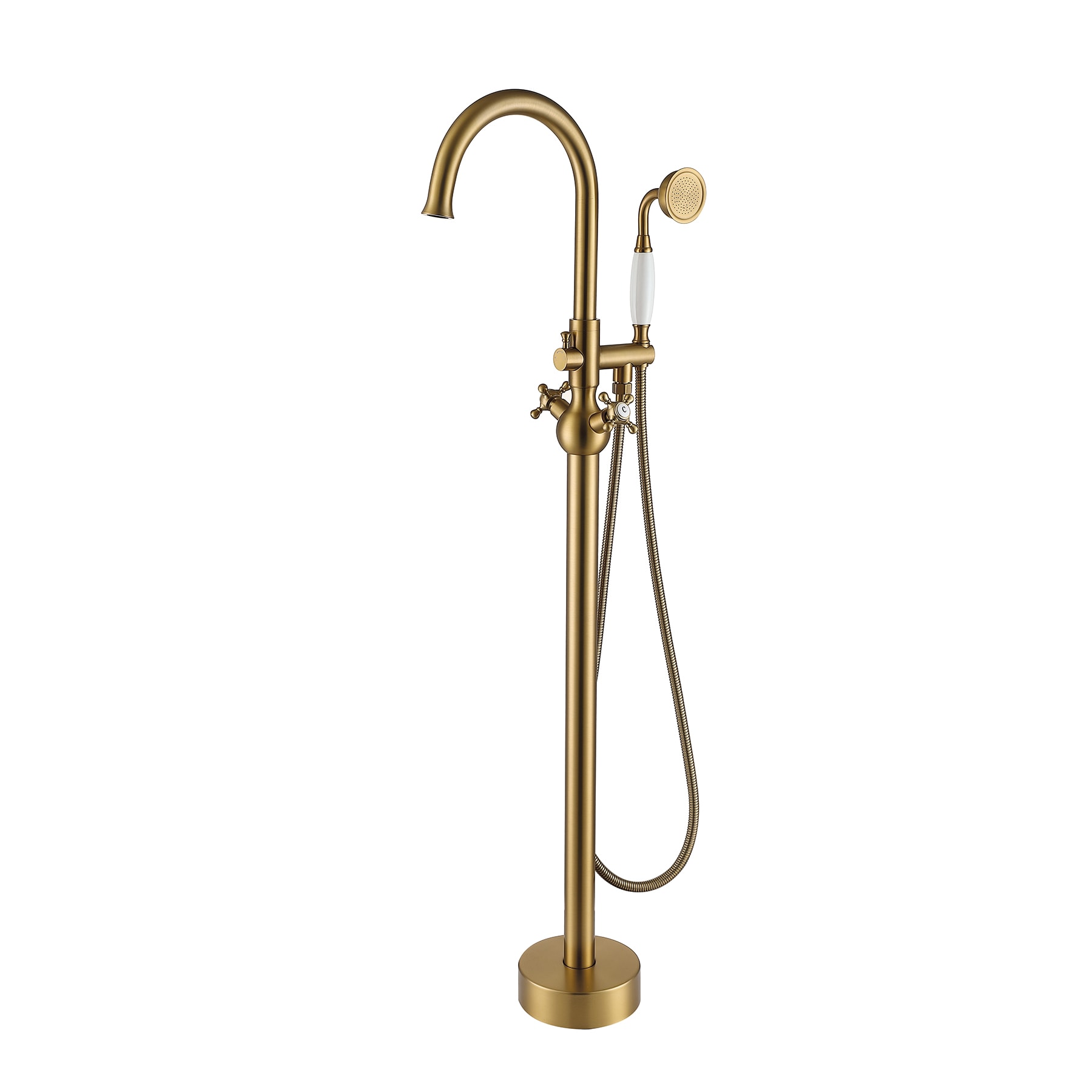 Clihome TC-251BB-BF Brushed Brass 2-handle Freestanding High-arc Bathtub Faucet with Hand Shower ( Valve Included )