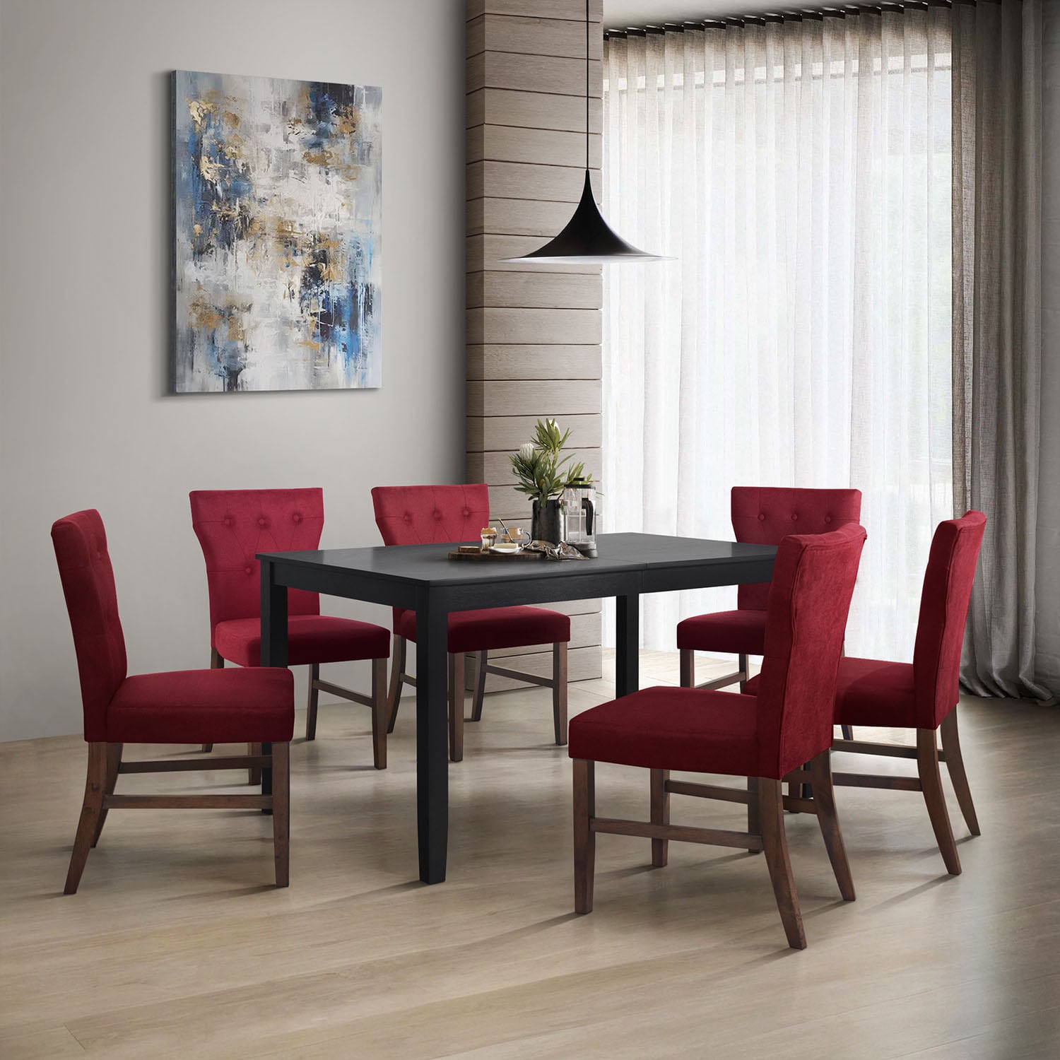 CasePiece C3084US-RD-LN-BN-C4 Red Transitional Dining Room Set with Rectangular Table ( Seats 6 )