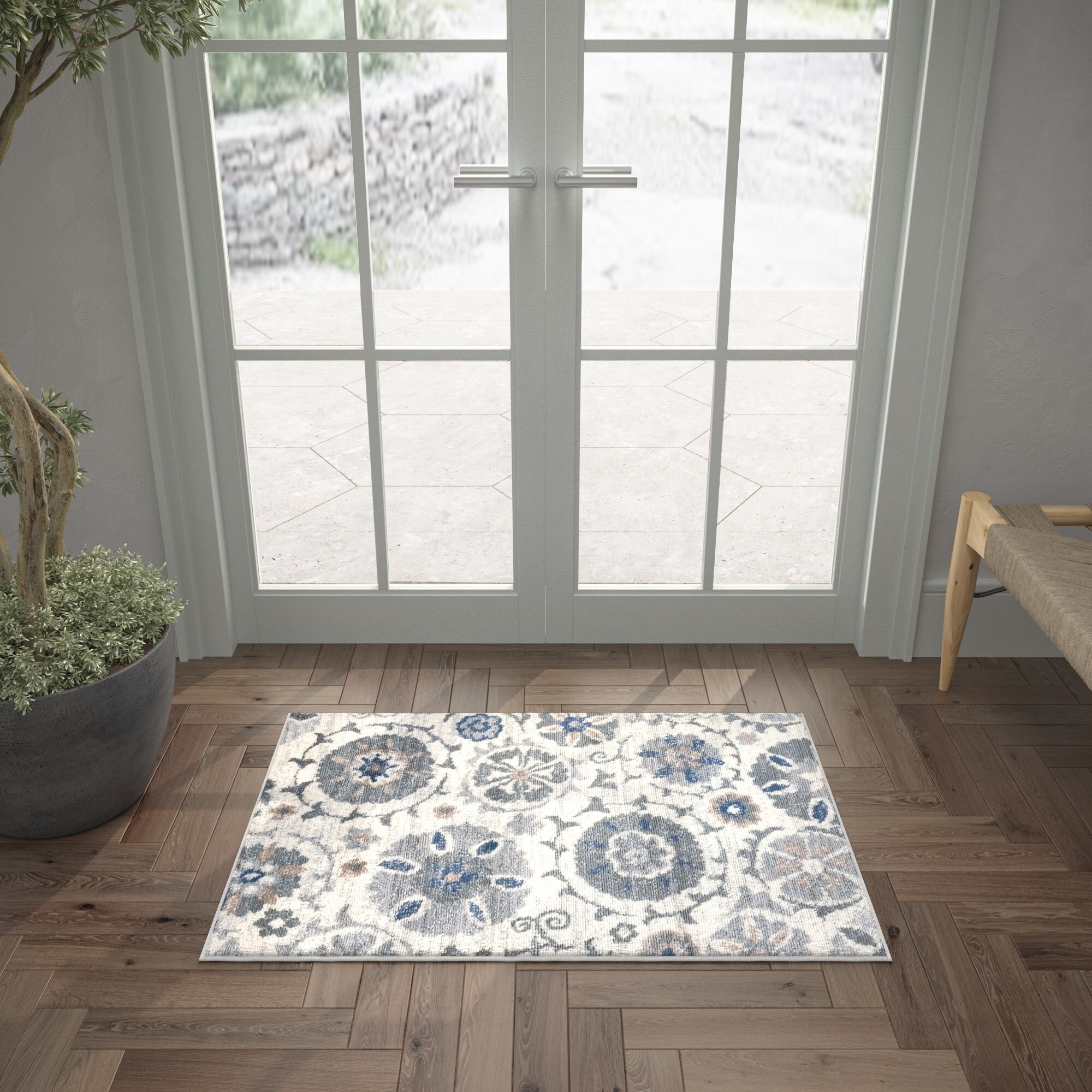 Cream Floral Rectangular Stain-Resistant Area Rug 2' x 3'