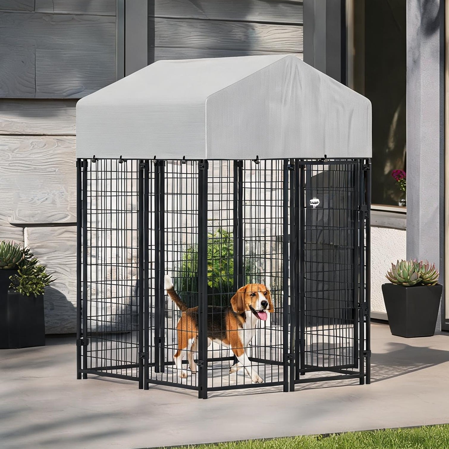 BBabe Steel Outdoor Dog Playpen with practical Roof Canopy 4 ft x 4 ft x 6 ft Secure Enclosure for Small Medium Dogs Polished Silver