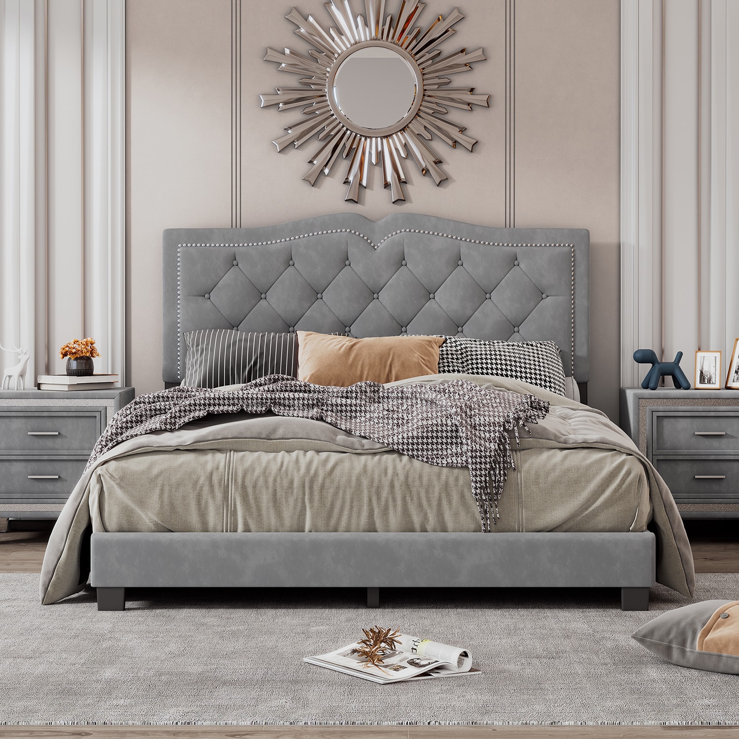 GZMR GZ-LF2997A Queen Size Upholstered Bed Frame with Rivet Design Gray Queen Upholstered Upholstered Bed