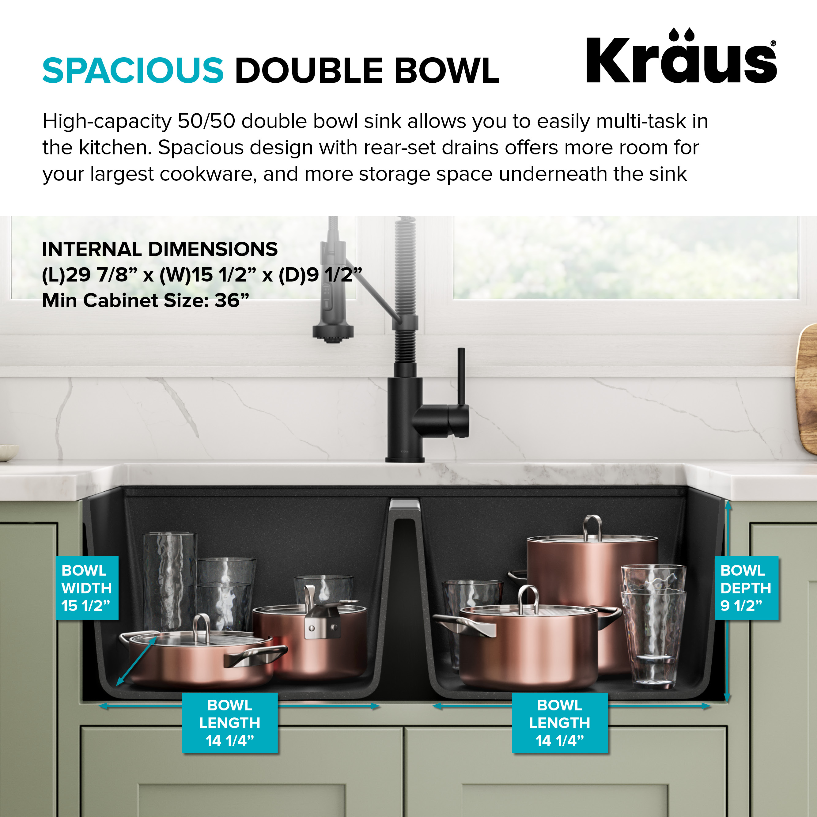 KRAUS 33 inch L Undermount 50/50 Double Bowl Black Onyx Granite Kitchen Sink