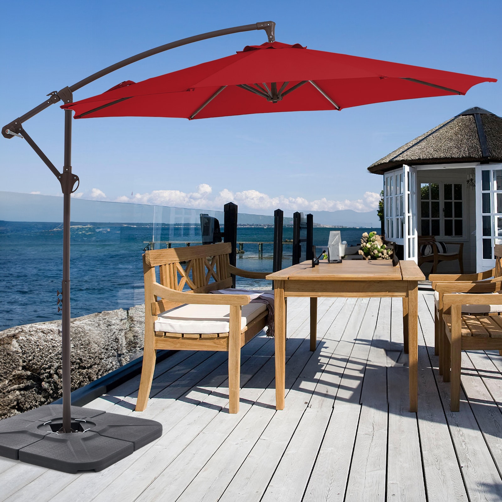 JEAREY JE-24-DB-2 10-ft Aluminum Red Crank Offset Patio Umbrella with Base