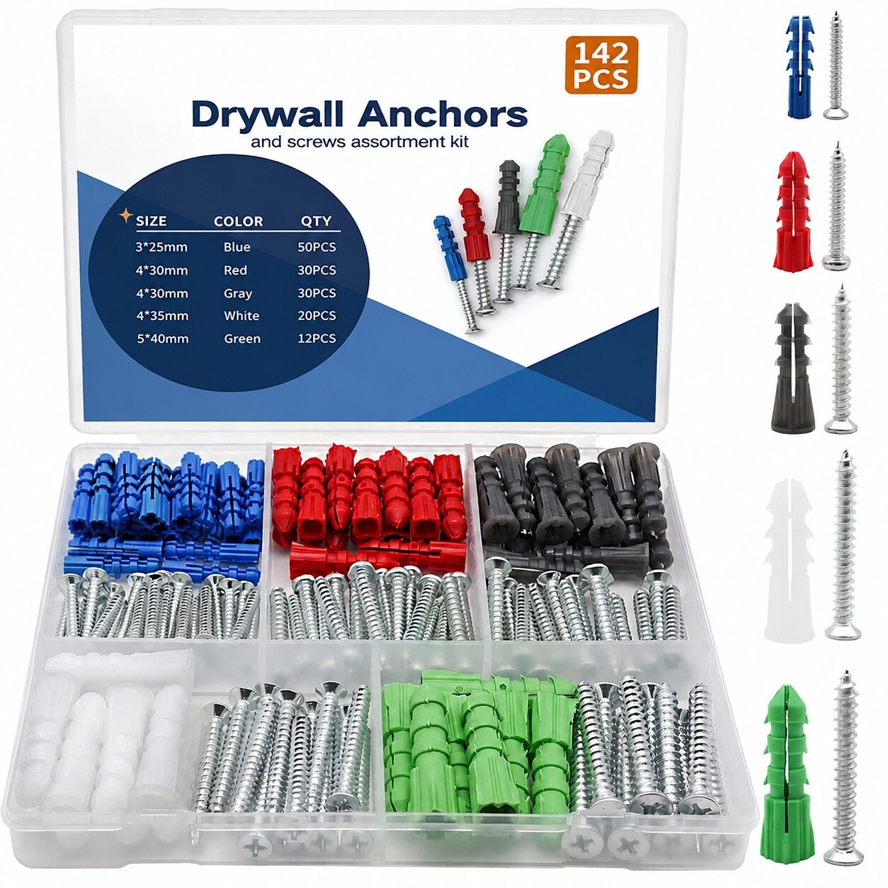 DYRCJ  Drywall Anchors and Screws Kit 142 Pieces with Five Sizes for Secure Fixings in Drywall Wood and Chipboards durable home and garden
