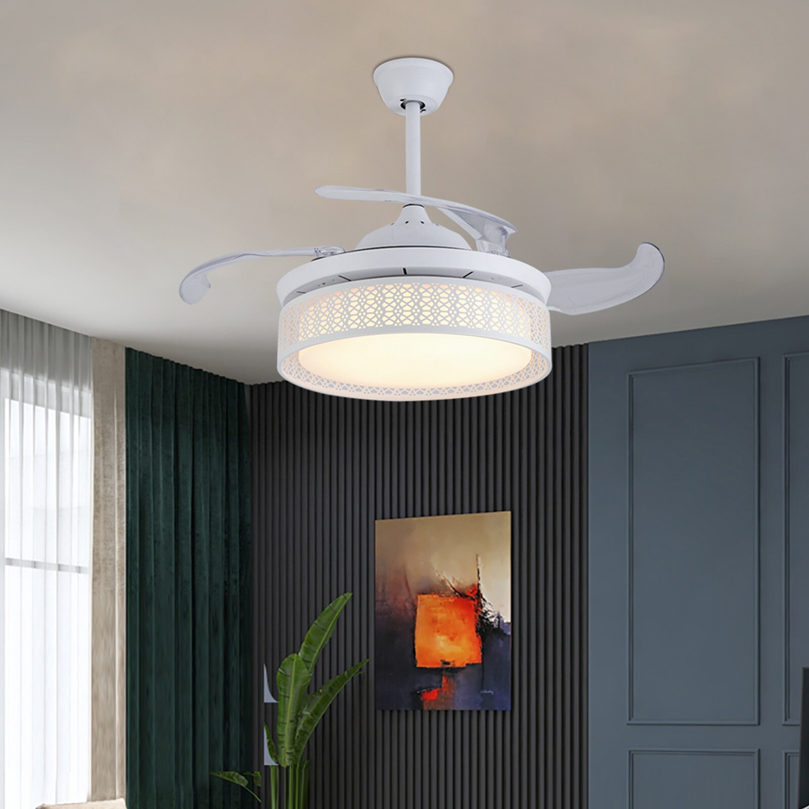 Oukaning HG-HSYXF-4336-US 42-in Color-Changing Integrated LED White hollow timing with ABS Blades Chandelier Ceiling Fan With Light - Remote Included ( 4 -Blade )