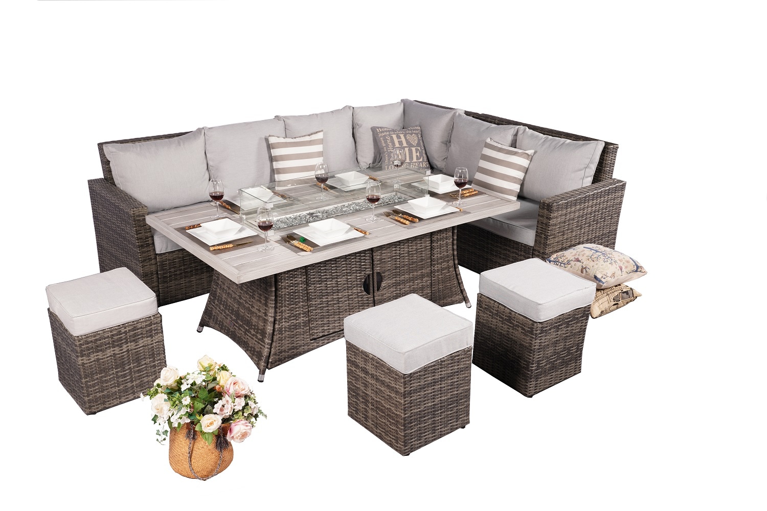 Moda Furnishings 1403-1106RA-G 4824622 8 -Piece Gray Wicker Patio Dining Set Aluminum Rectangle Table with 2 Gray Cushions Stationary Chairs Fire Pit Included
