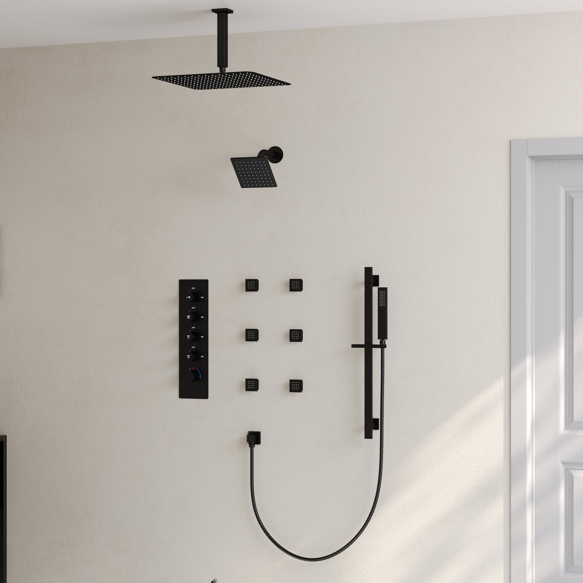 EVERSTEIN SFS-1031-BK16 13-Spray Patterns 16 and 6 in. Ceiling Mount Dual Shower Head and Handheld with Sliding Bar 2.5 GPM in Matte Black