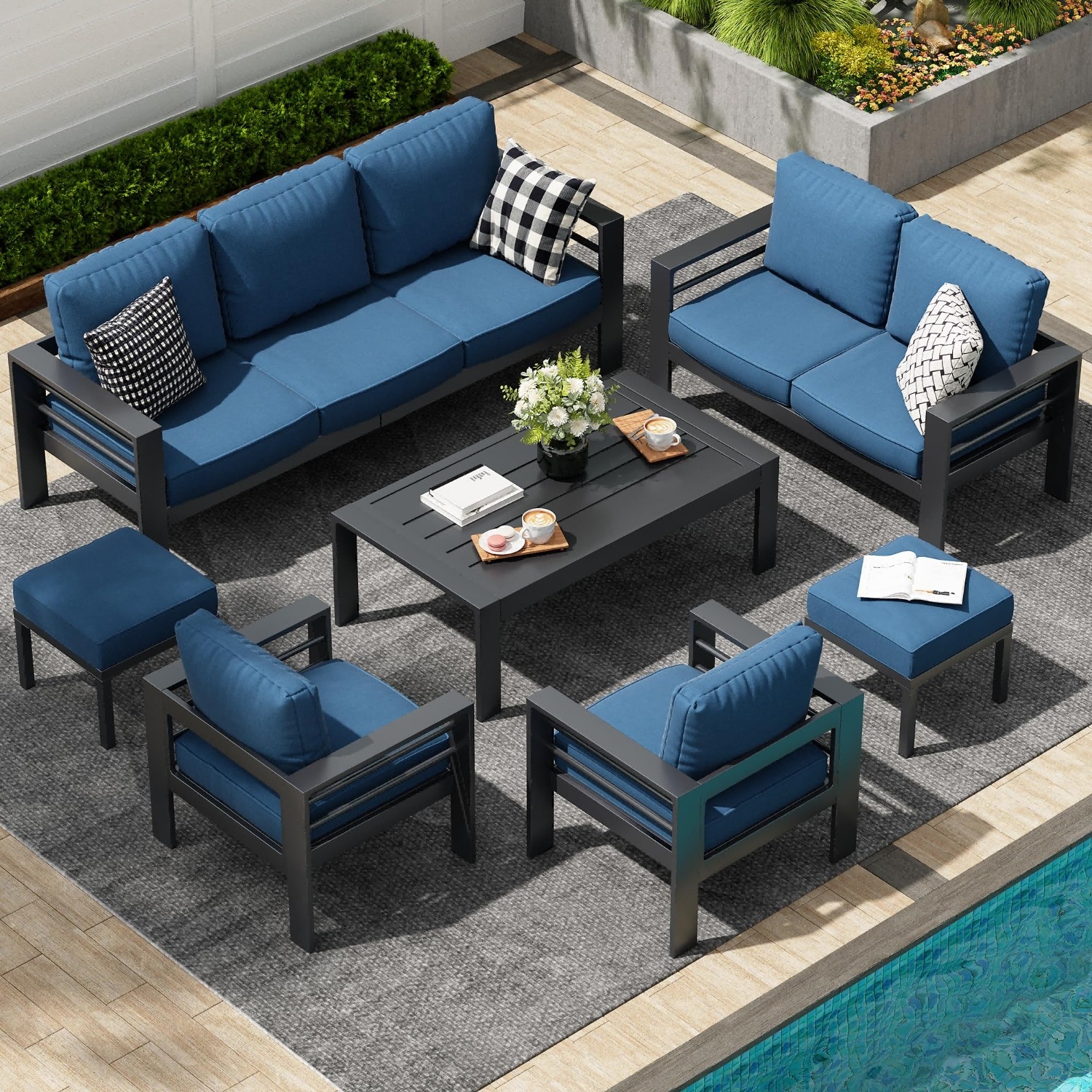 AECOJOY 16301BU-LS01 Conversation Set Outdoor Sectional with Blue Cushions and Aluminum Frame