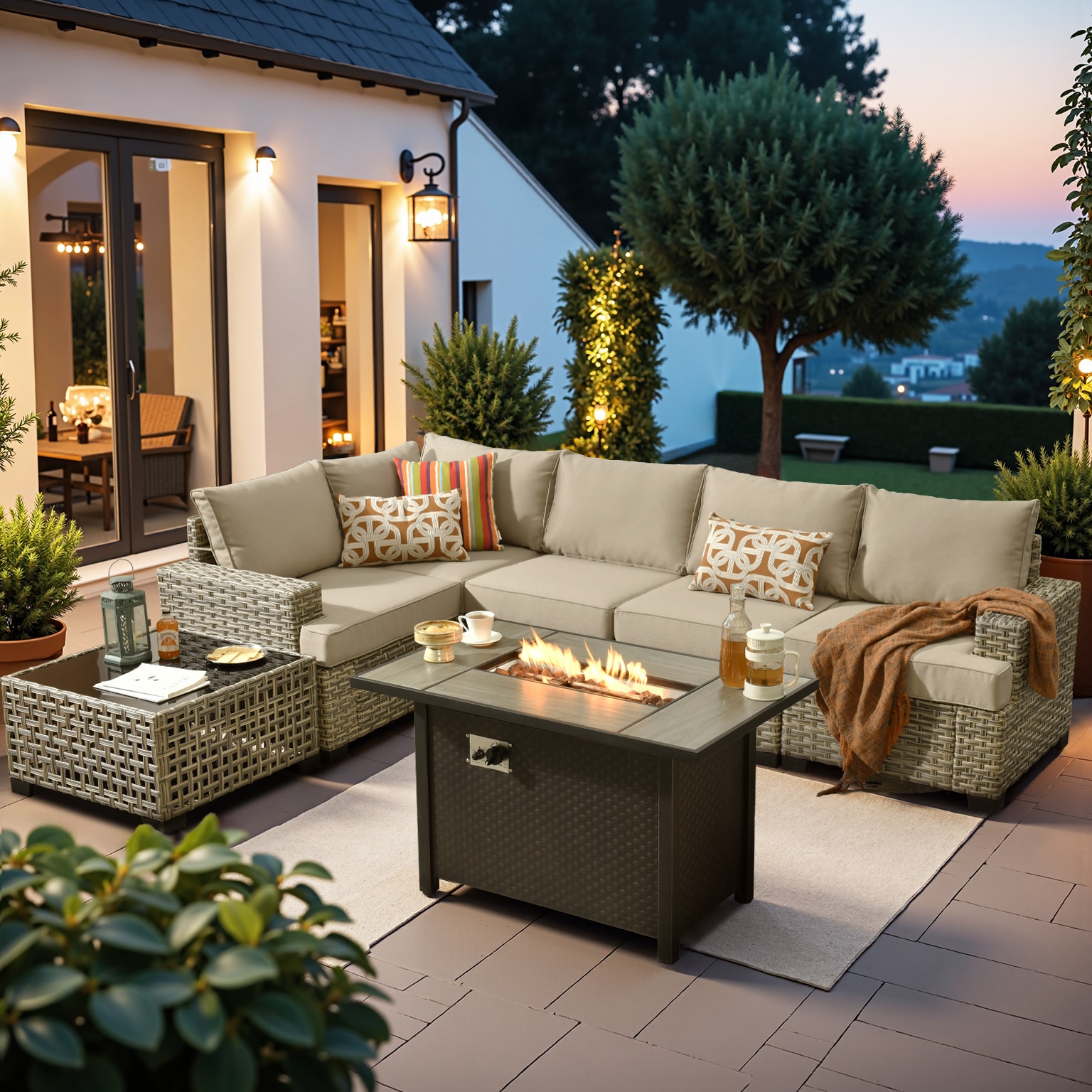 XIZZI XITBS6073A-IFP Agate Rattan Outdoor Sectional with Beige Cushions and Steel Frame