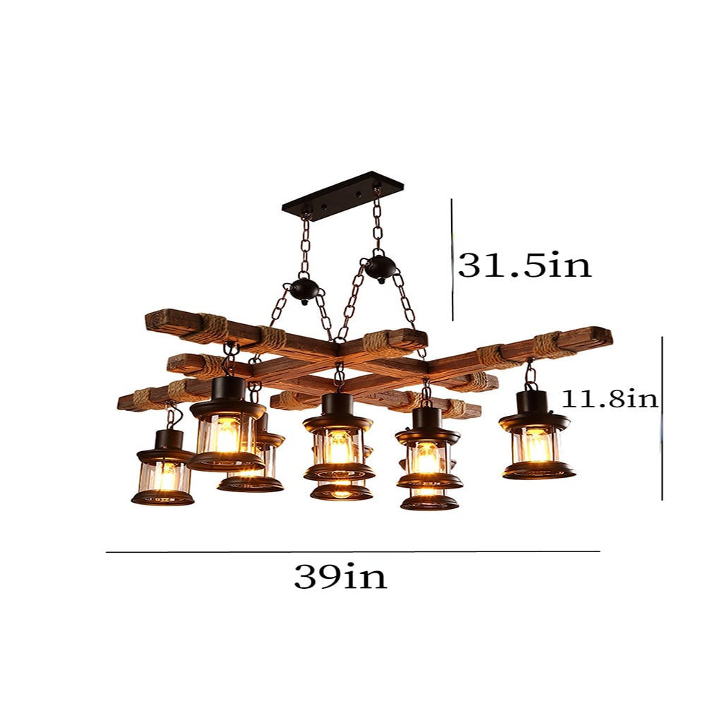 Oukaning Hanging Solid Wood 8-Light Antique Brown Farmhouse Led ...