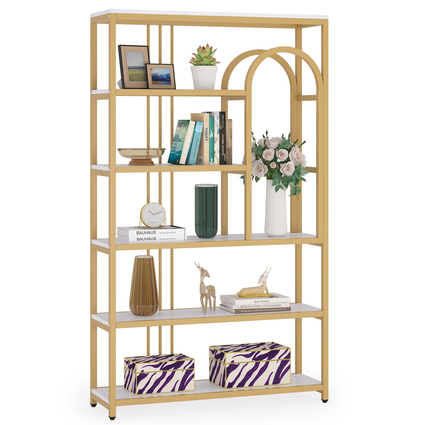 Tribesigns HOGA-U0118 White and Gold Metal 6-Shelf Bookcase (39.37-in W x 70.86-in H x 11.81-in D)