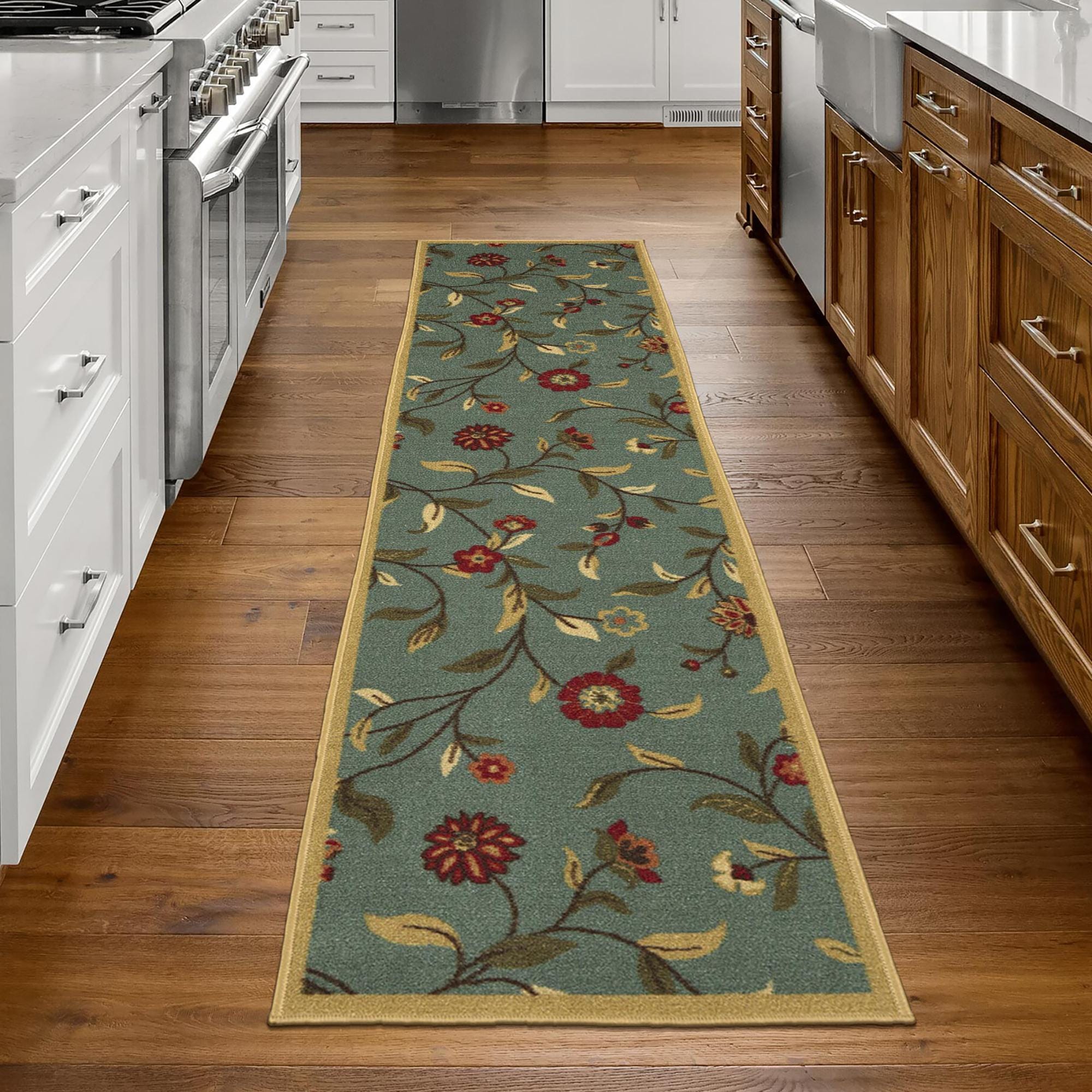 Ottomanson CLS3095-2X7 Rug For Bedroom, Kitchen Runner 2 x 7 (ft) Loomed Nylon Seafoam Green Rectangular Indoor Floral/Botanical Runner rug