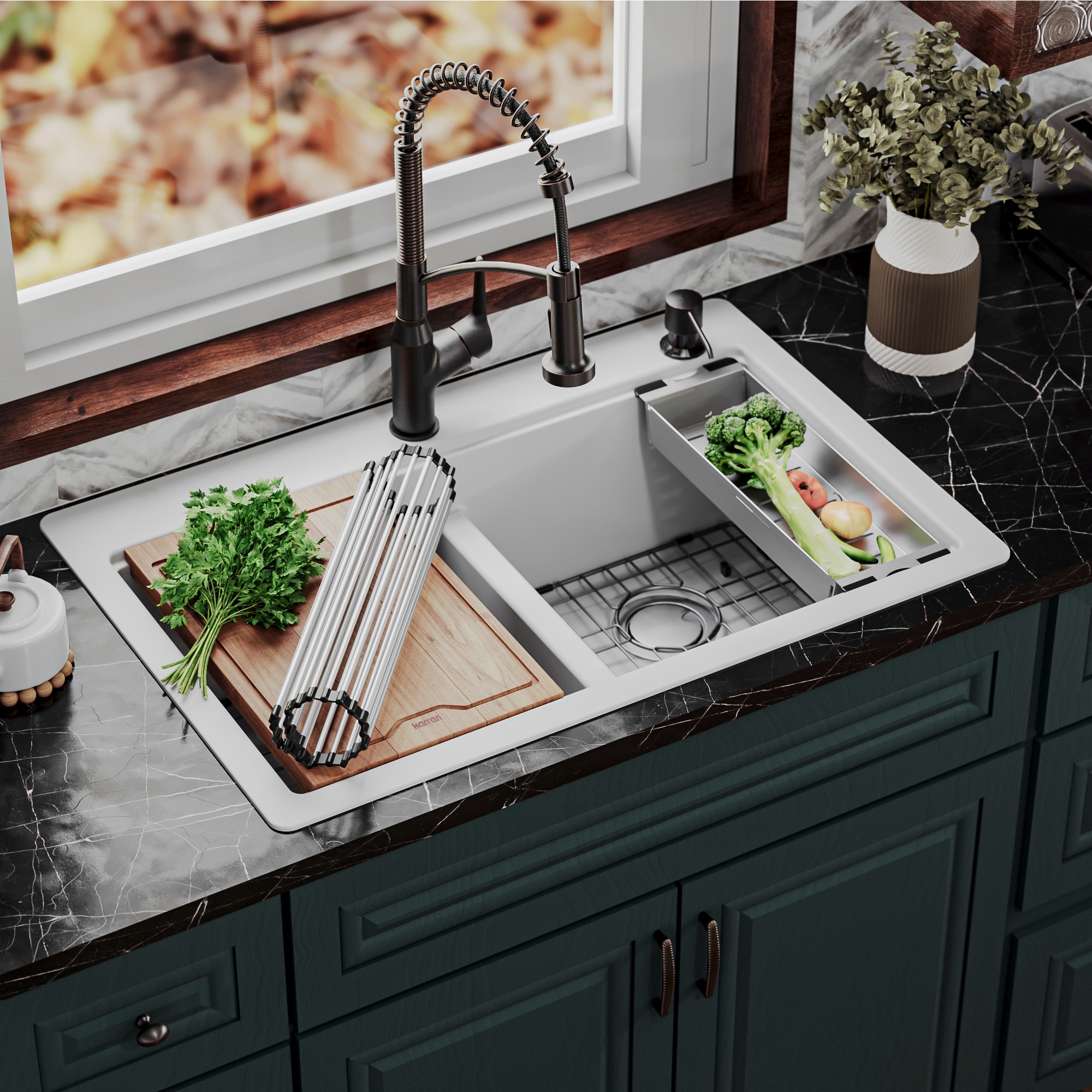 Karran QTWS-880-WH Drop-in 33-in x 22-in Quartz Double equal bowl 1-Hole Workstation Kitchen Sink with Drainboard