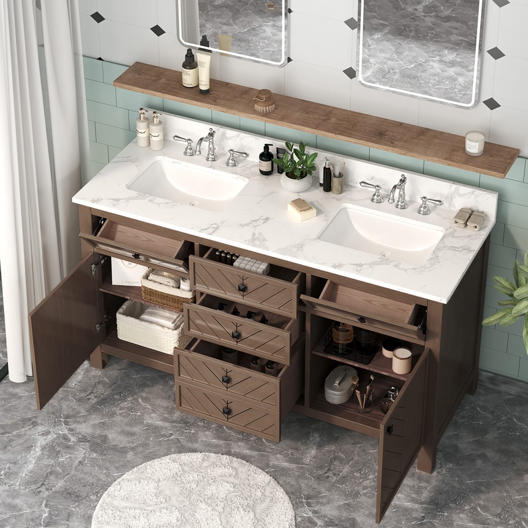 VOUA SAF-MEWEYS-DG 60-in Burlywood Double Sink Bathroom Vanity with White Ceramic Top