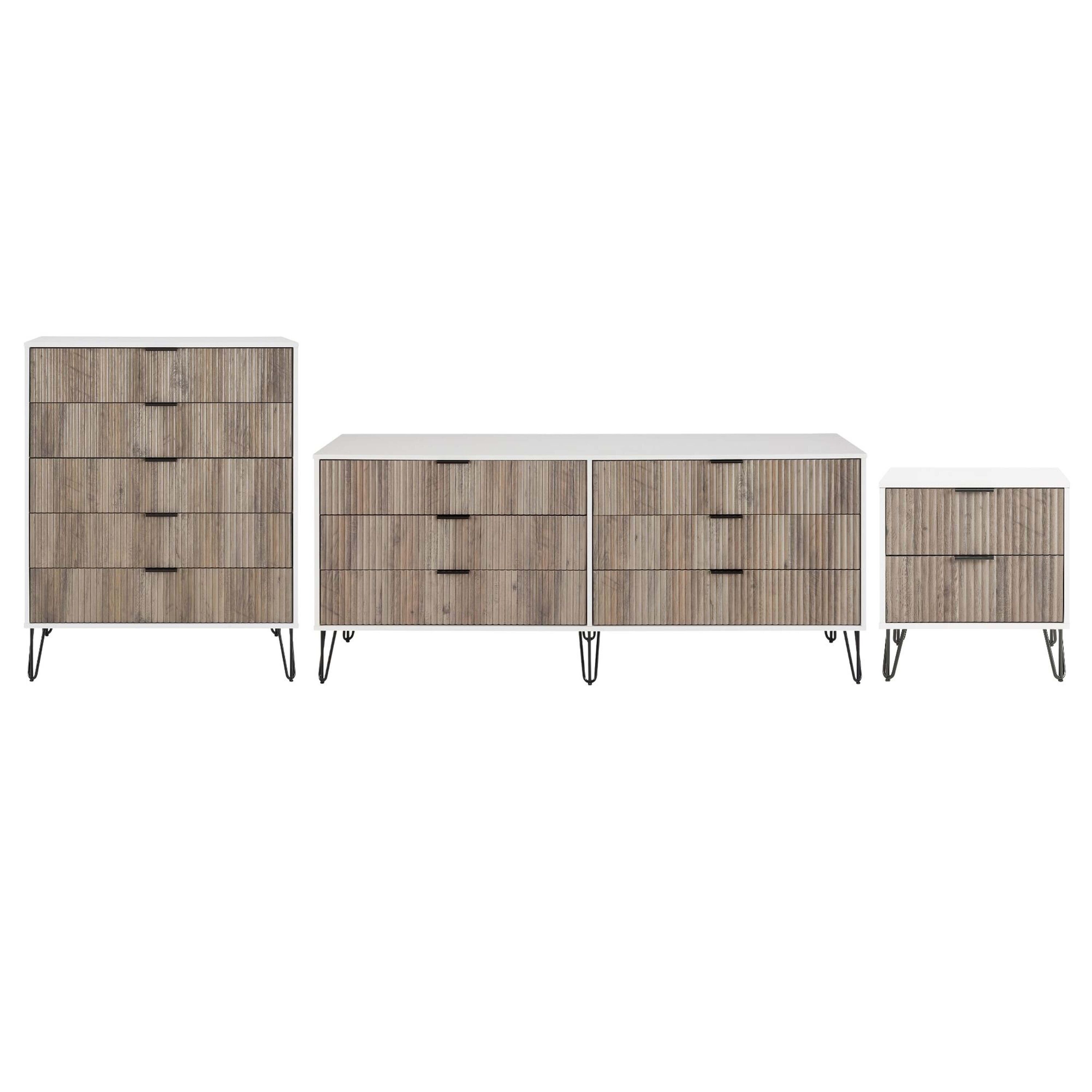 Manhattan Comfort3-Piece DUMBO Modern  5-Drawer Tall Dresser,  DUMBO Modern 6-Drawer Double Low Dresser, and DUMBO Modern Nightstand 2.0 in White