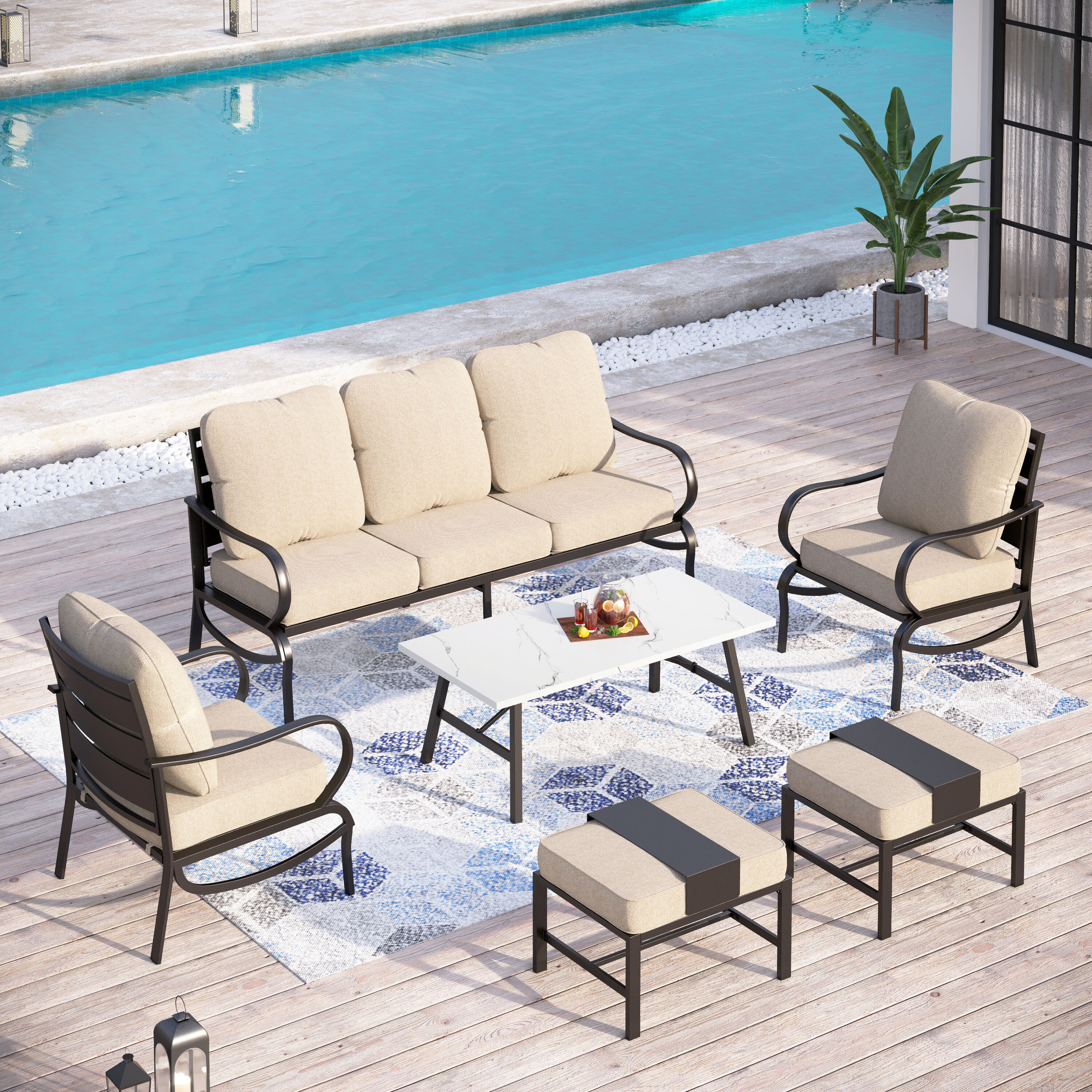 Sunshine Valley CP001-01-7 6-Piece Patio Sofa Conversation Set with Tan Cushion Pro Cushions