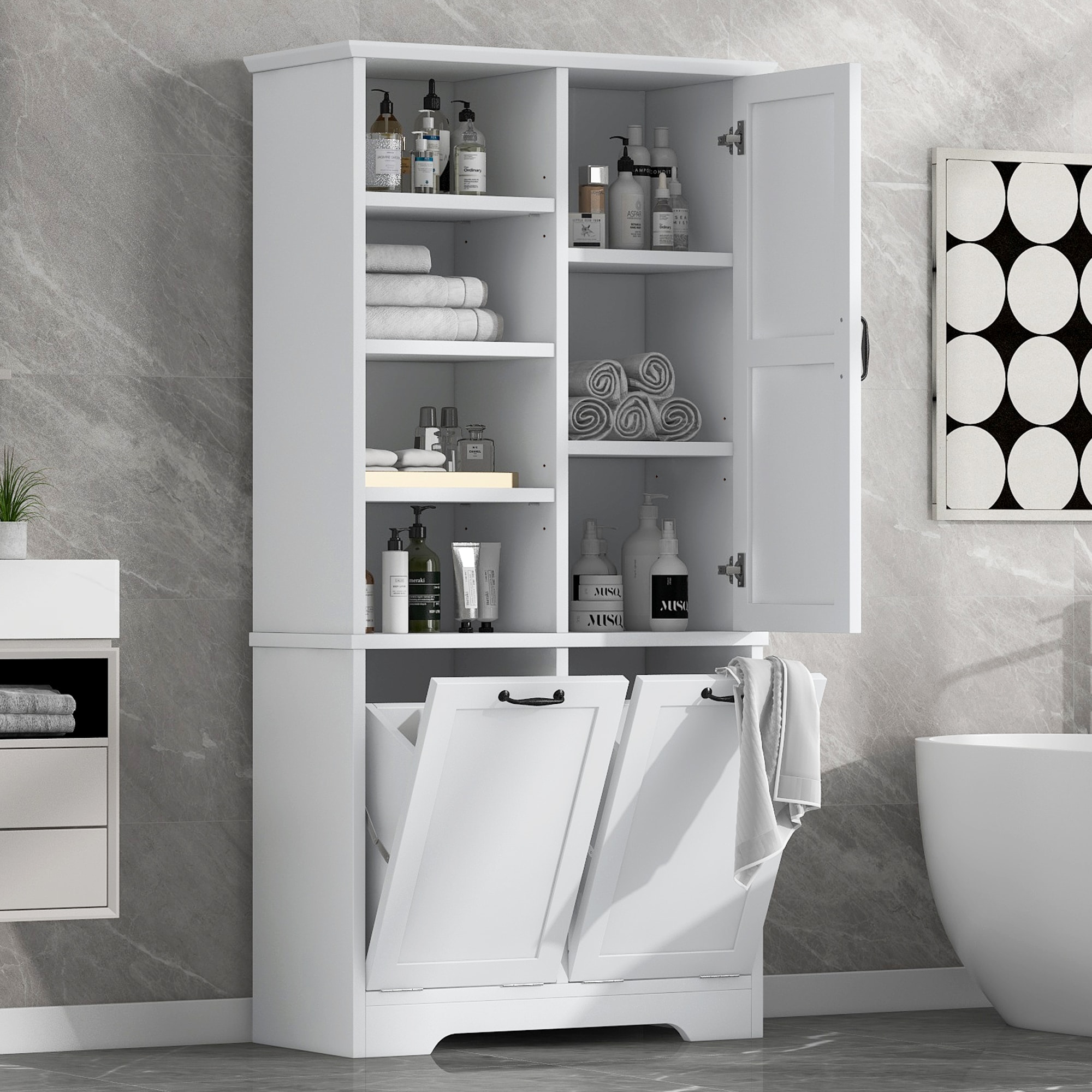 ModernLuxe L3P-N725P208543K Bathroom Storage Cabinet with Doors and Drawers TiltOut Laundry Hamper Multiple Storage Space Freestanding Style Open Shelve Adjustable Shelf White