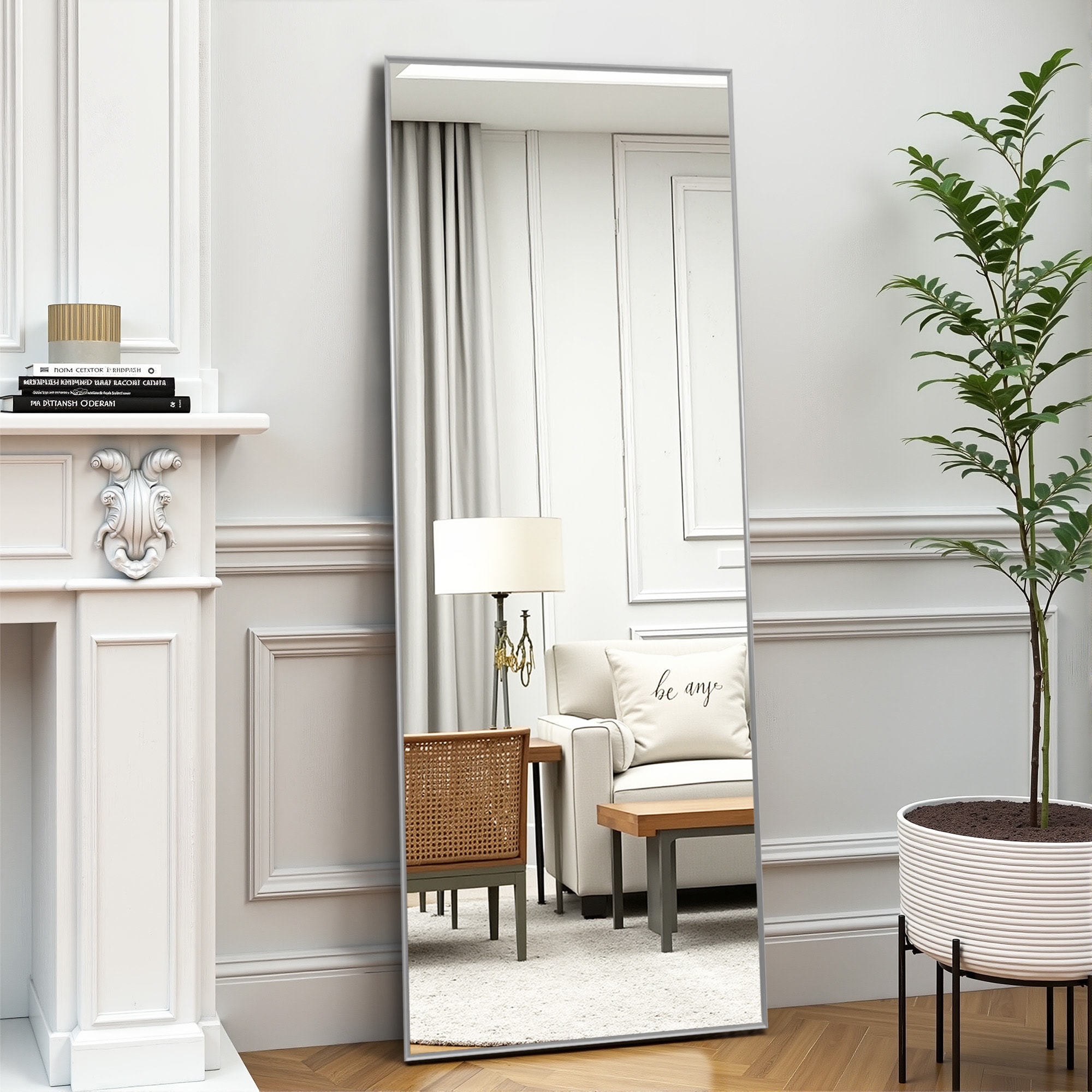 PexFix 65-in H x 22-in W Silver Rectangle Mirror Full Length Metal Frame Floor Mirror with Stand Full Body Hanging or Leaning