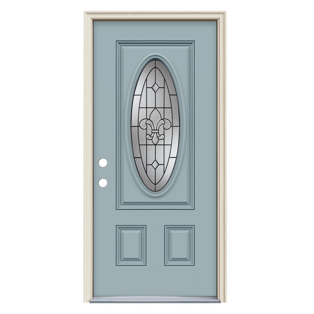JELD-WEN LOWOLJW231200029 Nola 36-in x 80-in x 4-9/16-in Fiberglass Oval lite Right-hand inswing Serenity Painted Prehung Front Door with Brickmould Insulating core