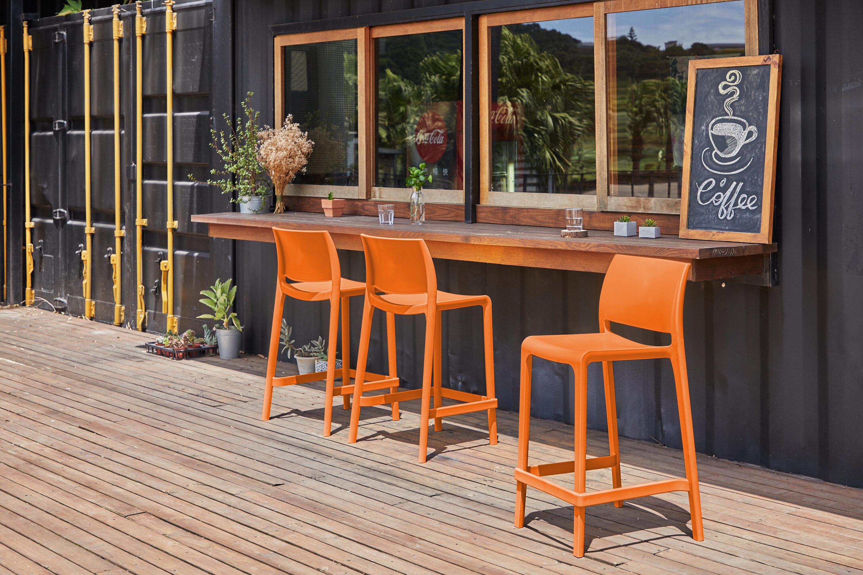 Lagoon 7211YB-CSLGS Sensilla Set of 2 Stackable Orange Resin Frame Stationary Counter-height Chair with Solid Seat