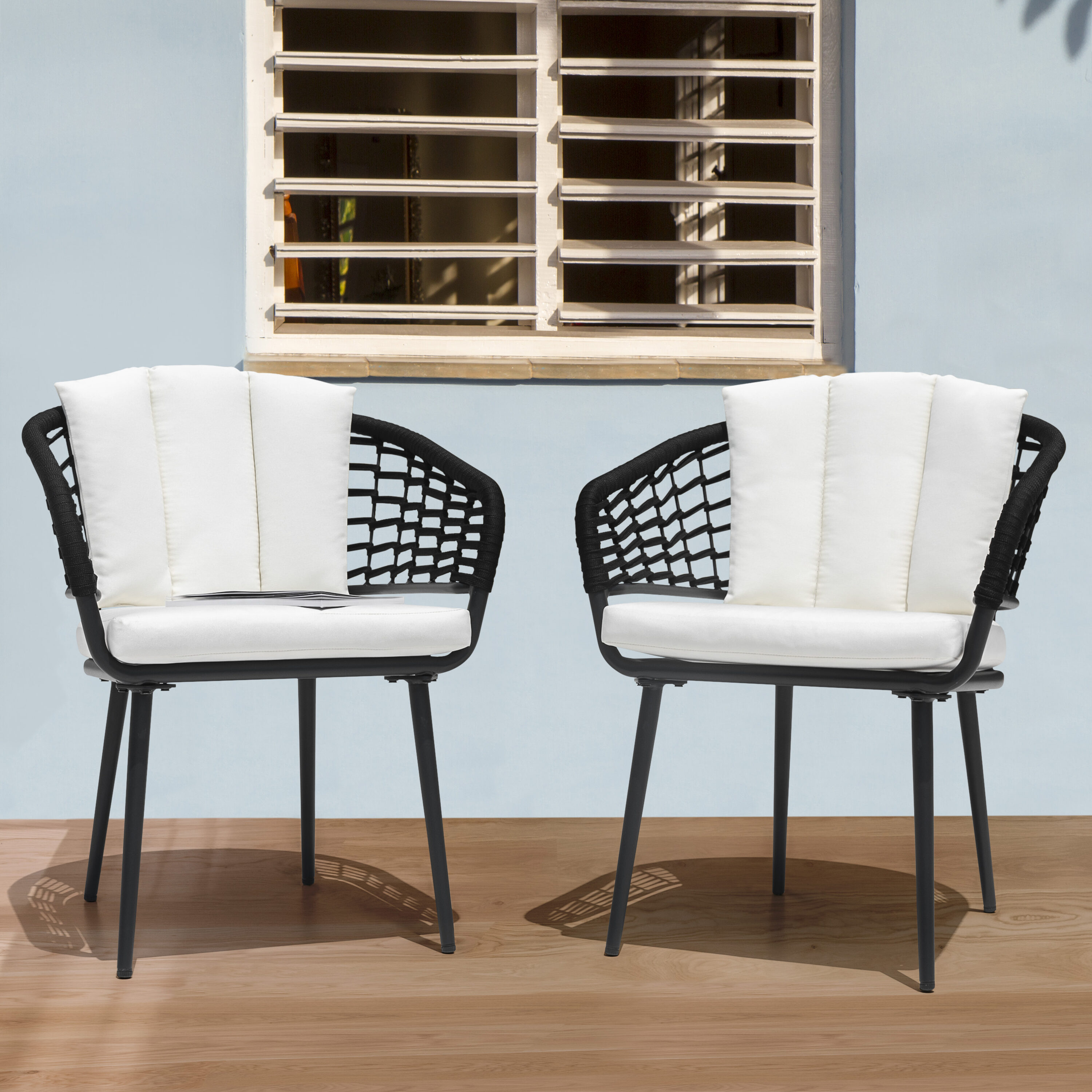 Nuu Garden DB153 Outdoor Woven Rope Chairs Set of 2 Wicker Black Aluminum Frame Stationary Conversation Chair with White Cushioned Seat