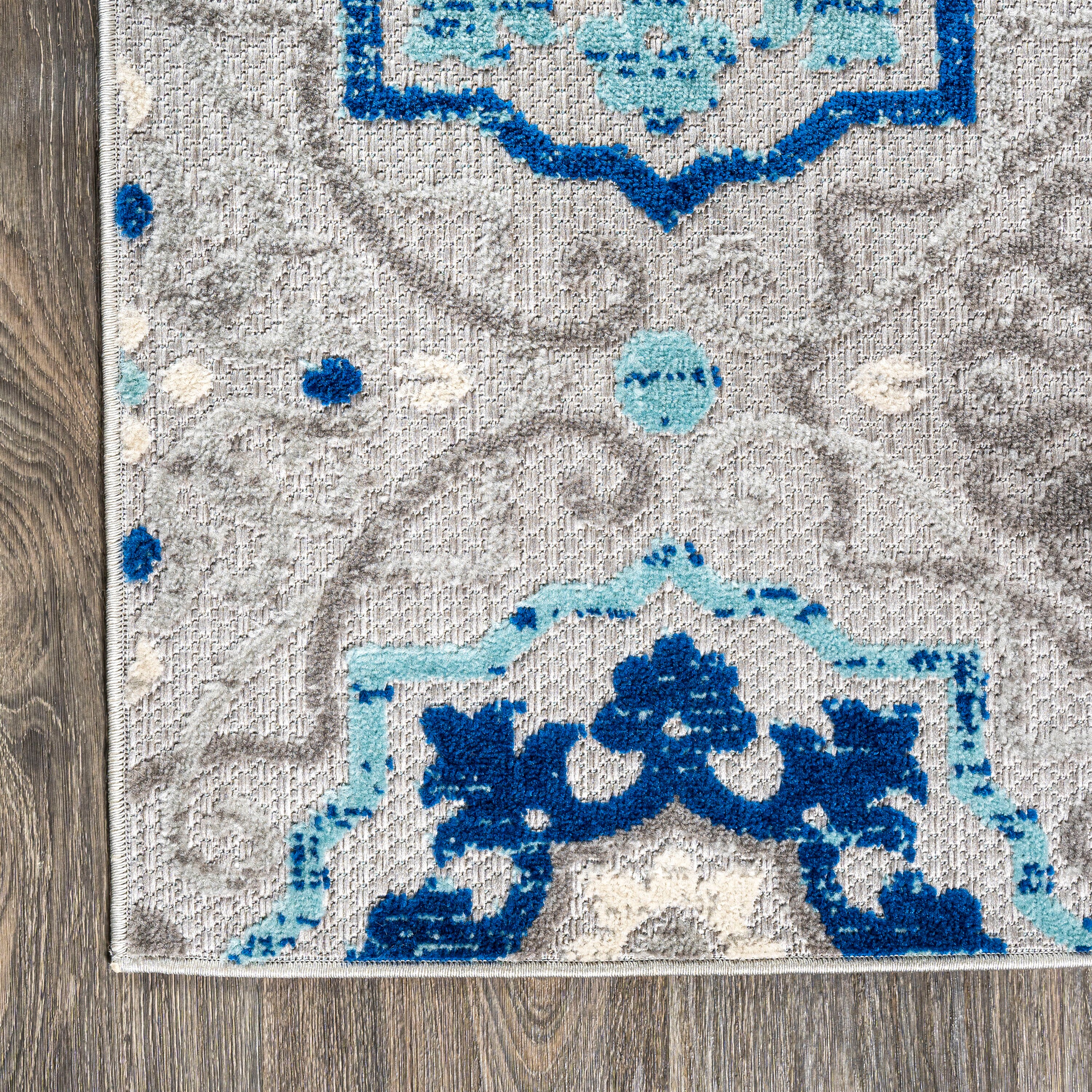Mediterranean Blue and Gray Synthetic Medallion Rug