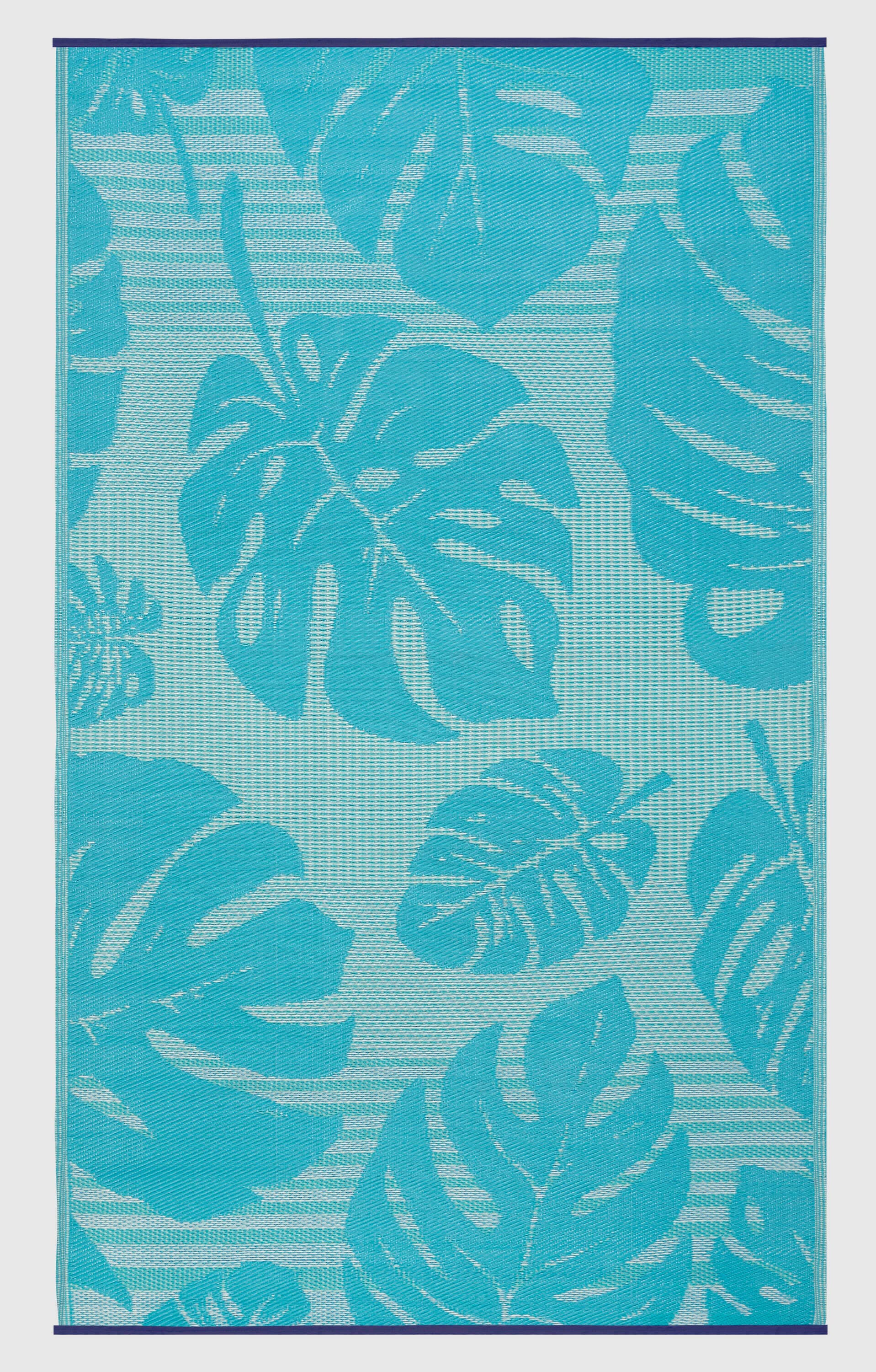 FH Home 657814893429 5 x 8 (ft) Flatweave Polypropylene Hana Leaves - Blue Rectangular Indoor/Outdoor Floral/Botanical Mid-Century Modern Area rug