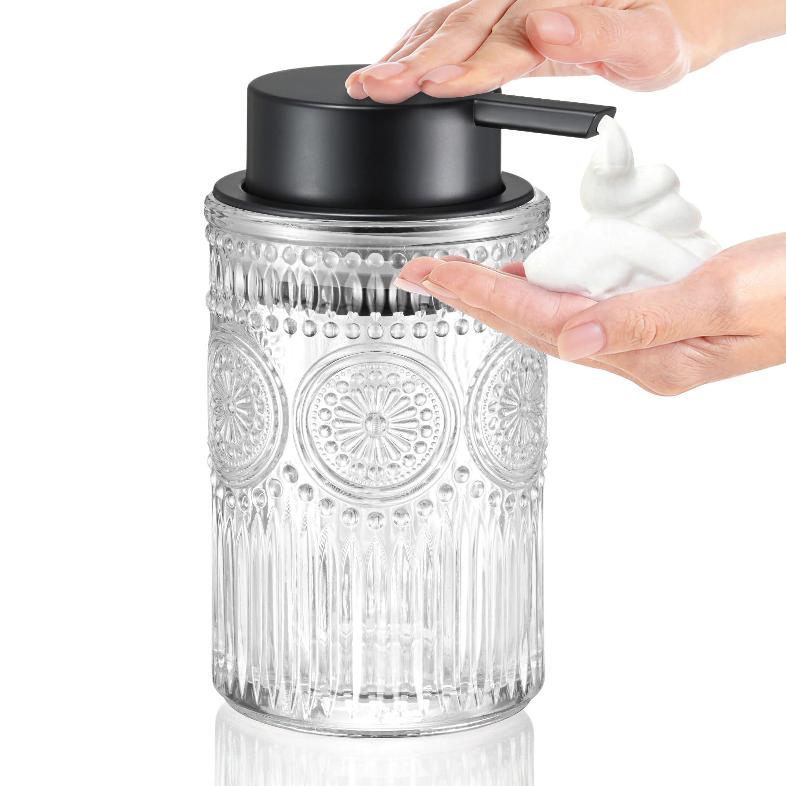 LILILIAN FMY  Clear Glass Foaming Hand Soap Dispenser with Matte Black Pump Embossed Decorative Bottle for Bathroom and Kitchen 12 fl oz
