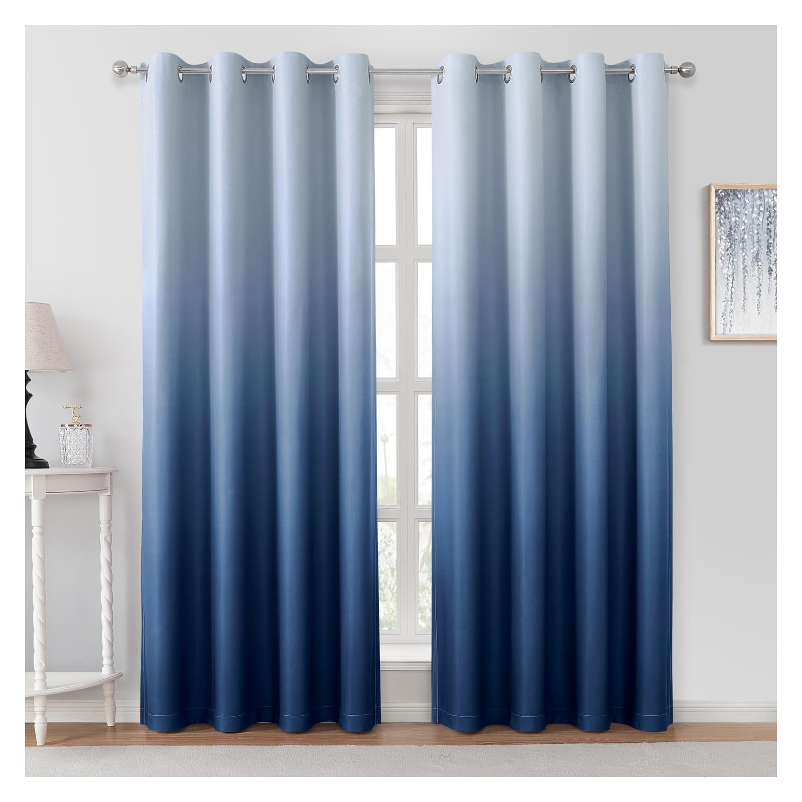 LAIFUCAM -  Navy Blue Ombre Blackout Curtains 52 X 84 Inch Length Gradient Room Darkening Thermal...