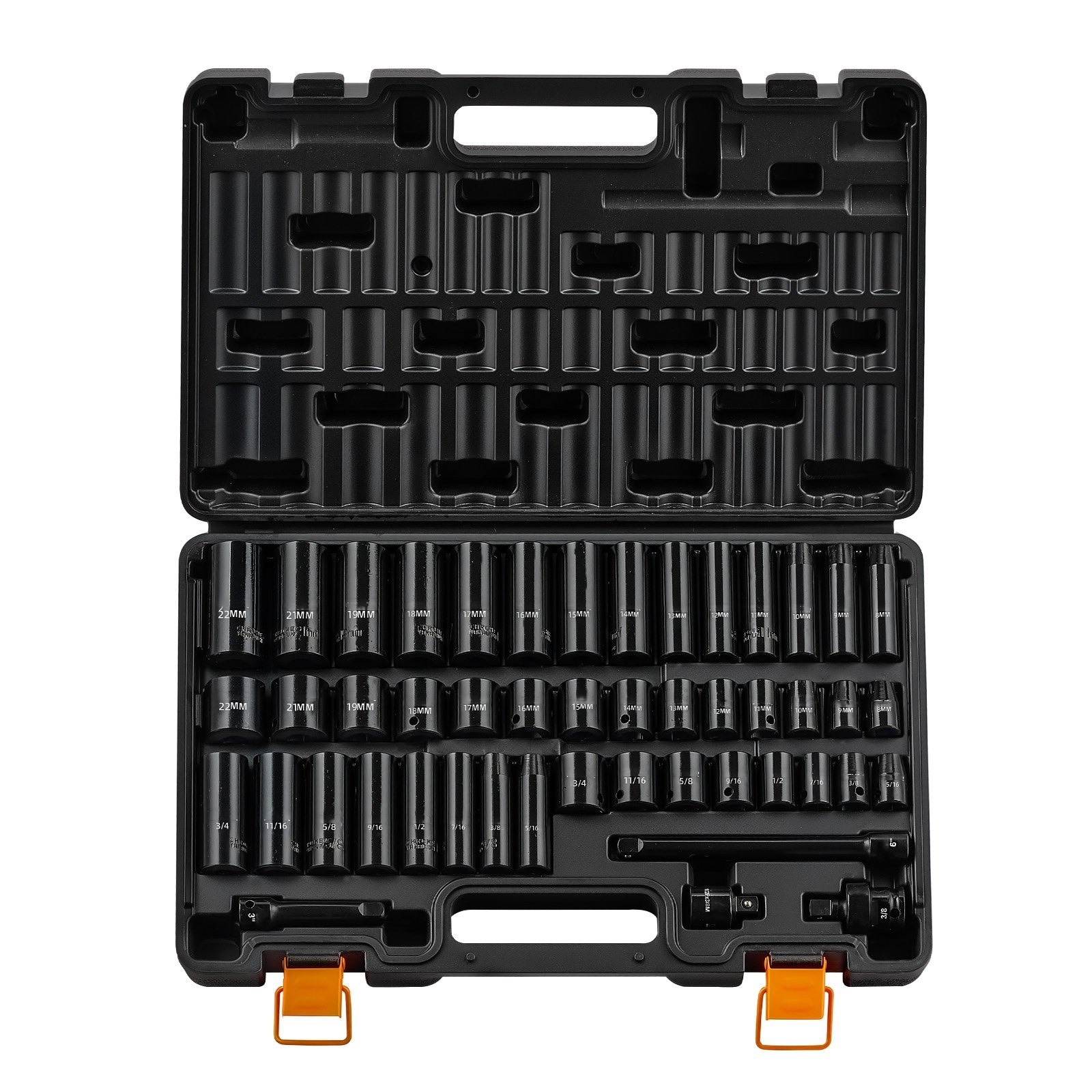 Mecale 48-Piece 3/8 in Drive Impact Socket Set 6-Point SAE 5/16-3/4 in Metric 8-22 mm Cr-V with Case Black