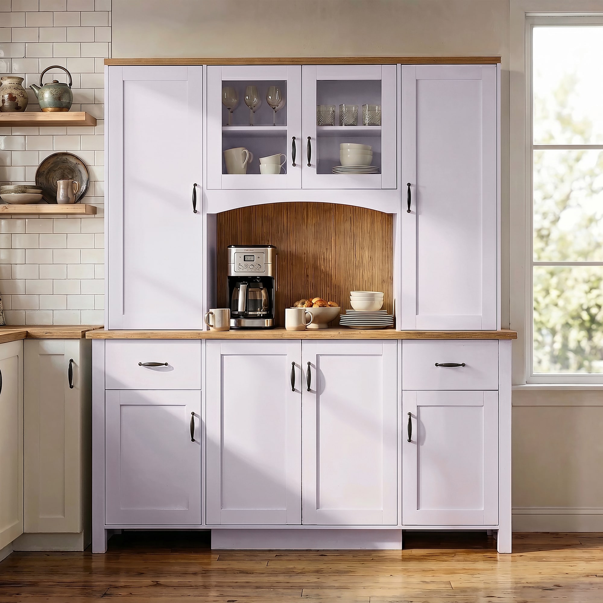 Homsee -  Modern Farmhouse Kitchen Pantry Cabinet with Glass Doors Drawers Adjustable Shelves Cor...