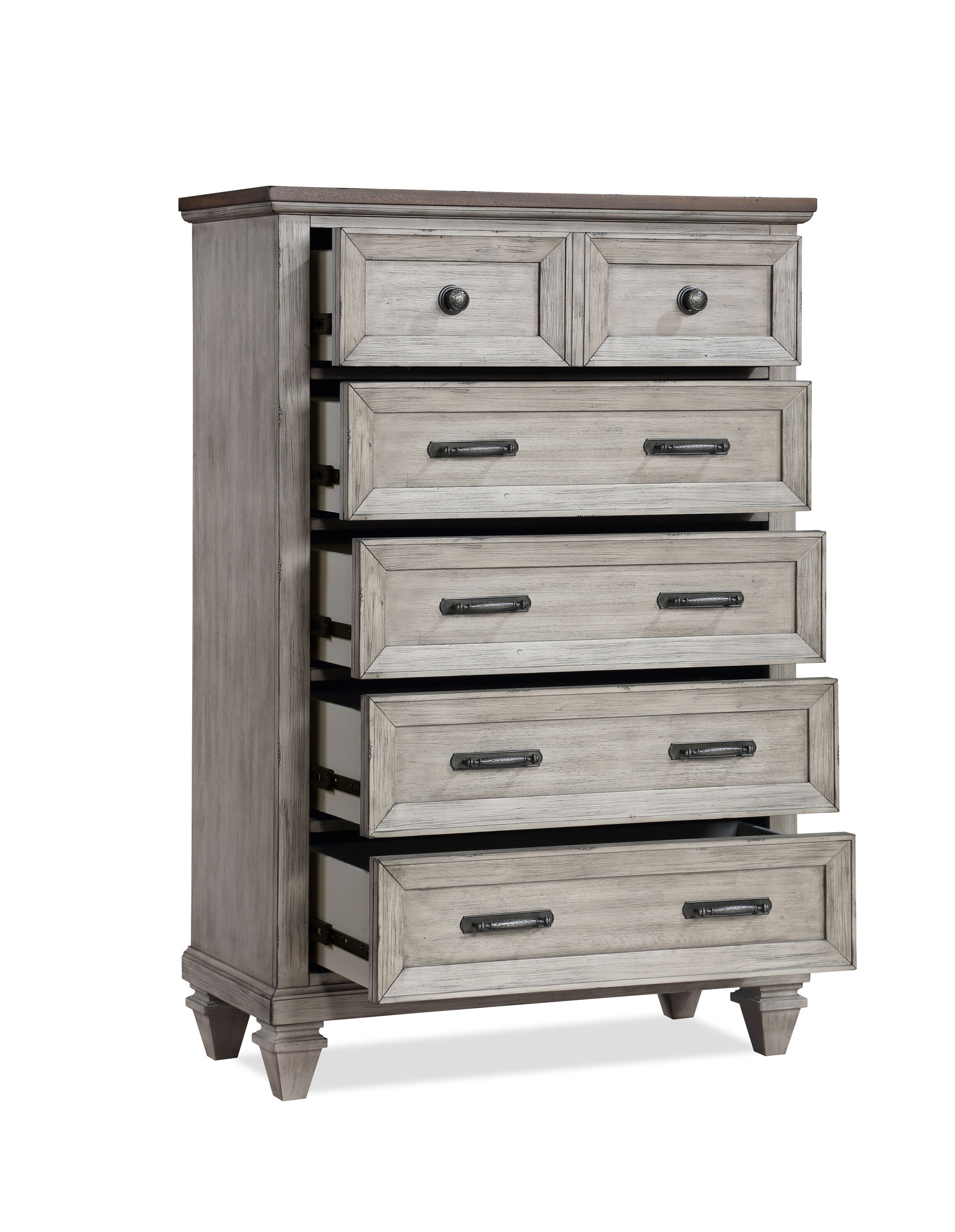 Vintage Creme Acacia Wood 5-Drawer Chest with Walnut Top
