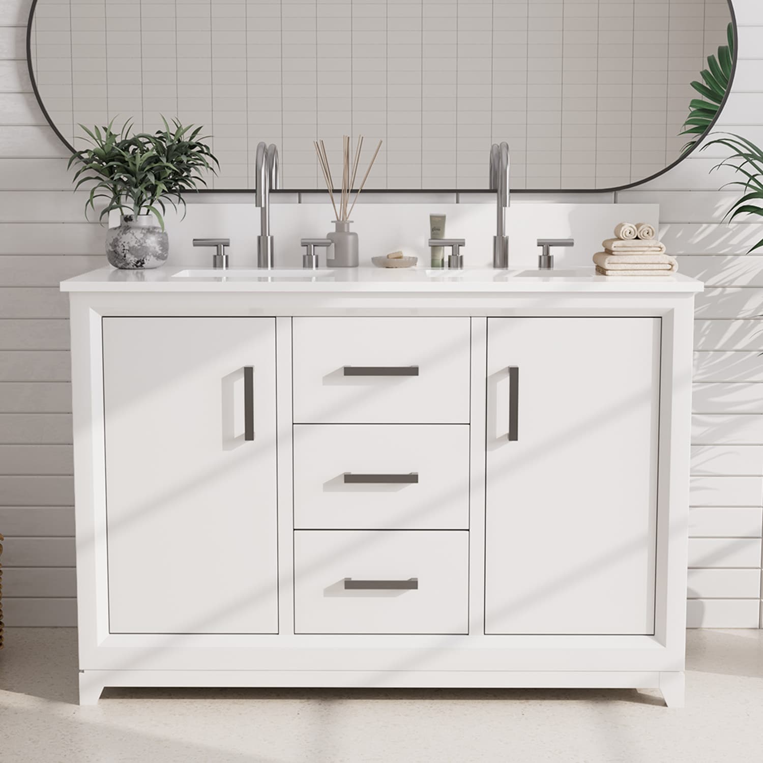 JEAREY DXRTZ-GY Bathroom vanity with top 48-in White Double Sink Bathroom Vanity with White Ceramic Top