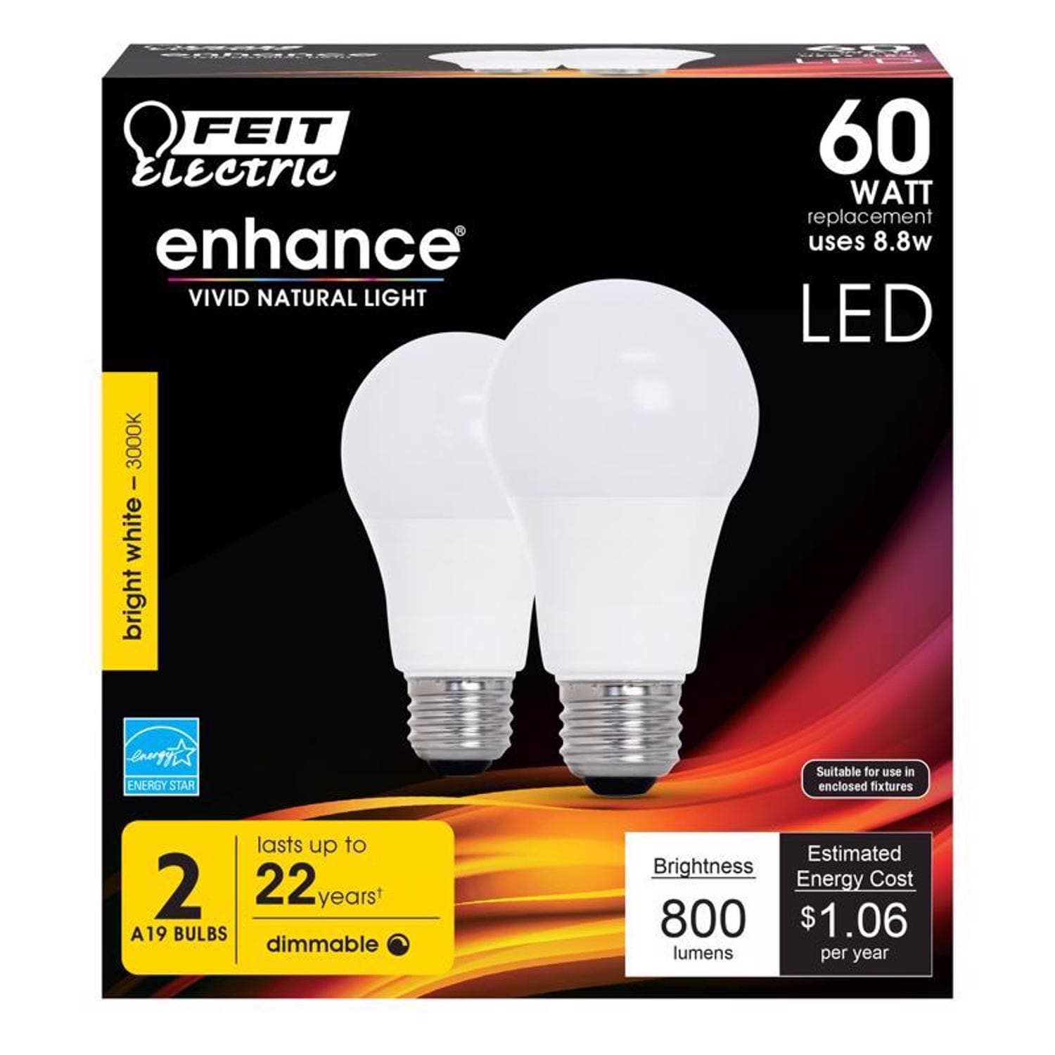 Feit Electric EJD3624038 Enhance A19 E26 Medium LED Bulb Bright White 60 Watt Equivalence 2 pk