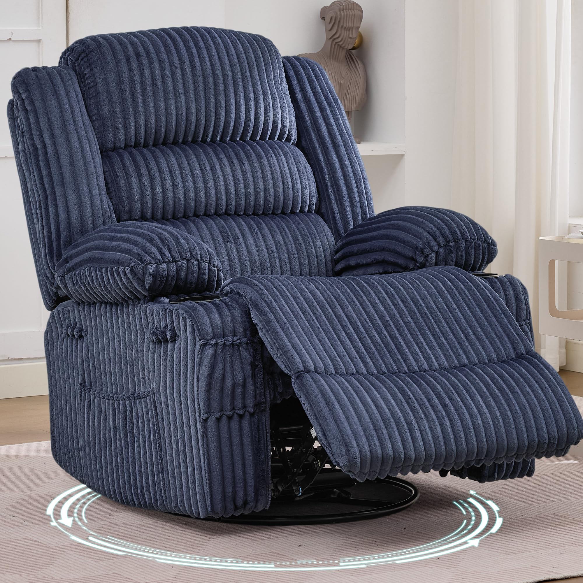 GarveeLife Blue Oversized Corduroy Manual Swivel Rocker Recliner Chair with Cup Holder and Storage Pockets
